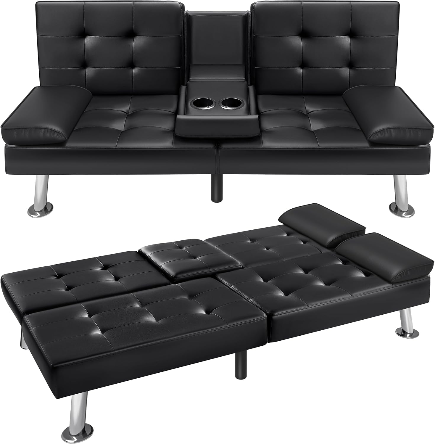 Modern Faux Leather Convertible Sofa Bed with Cup Holders