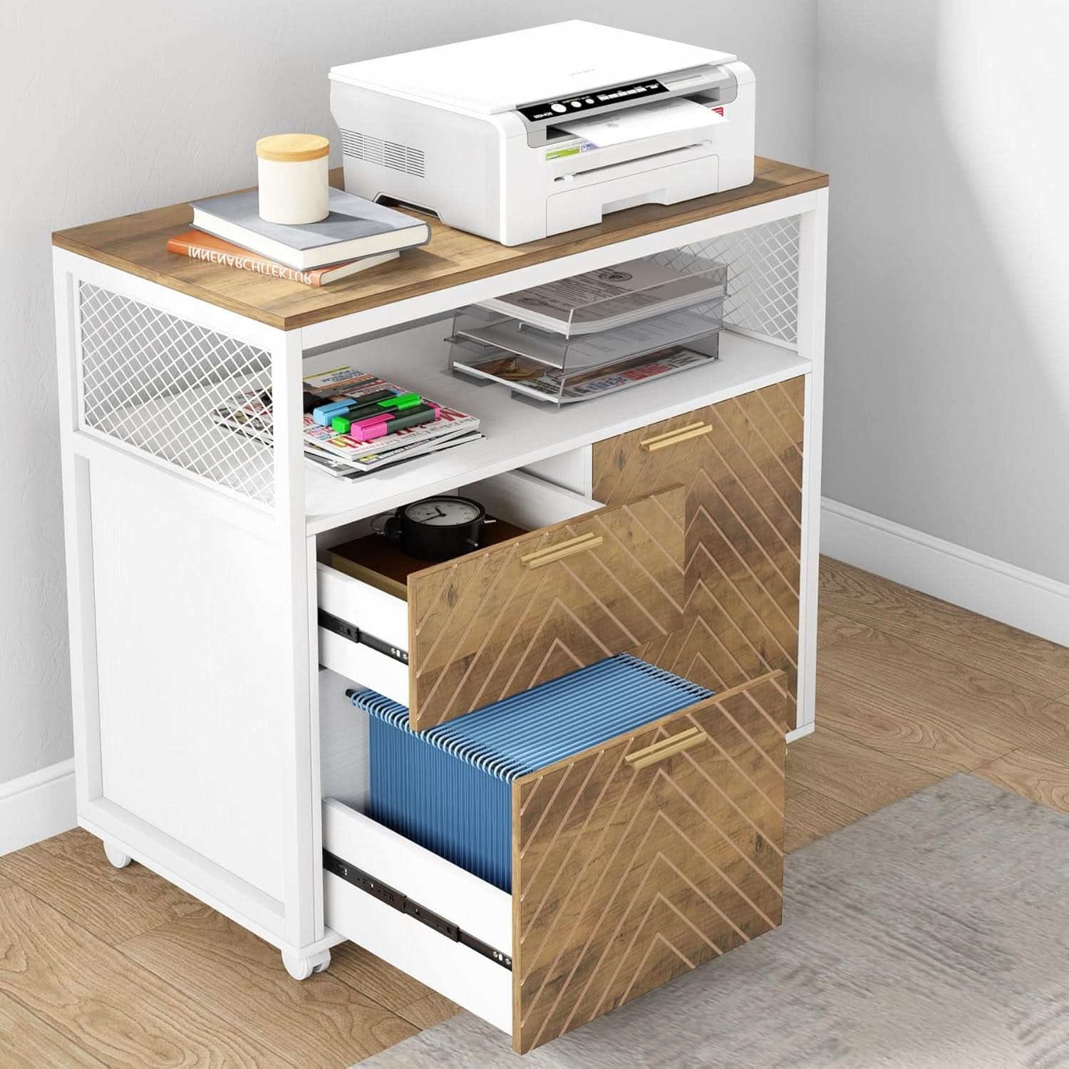Modern File Cabinet With Drawers In Dark Walnut Casters