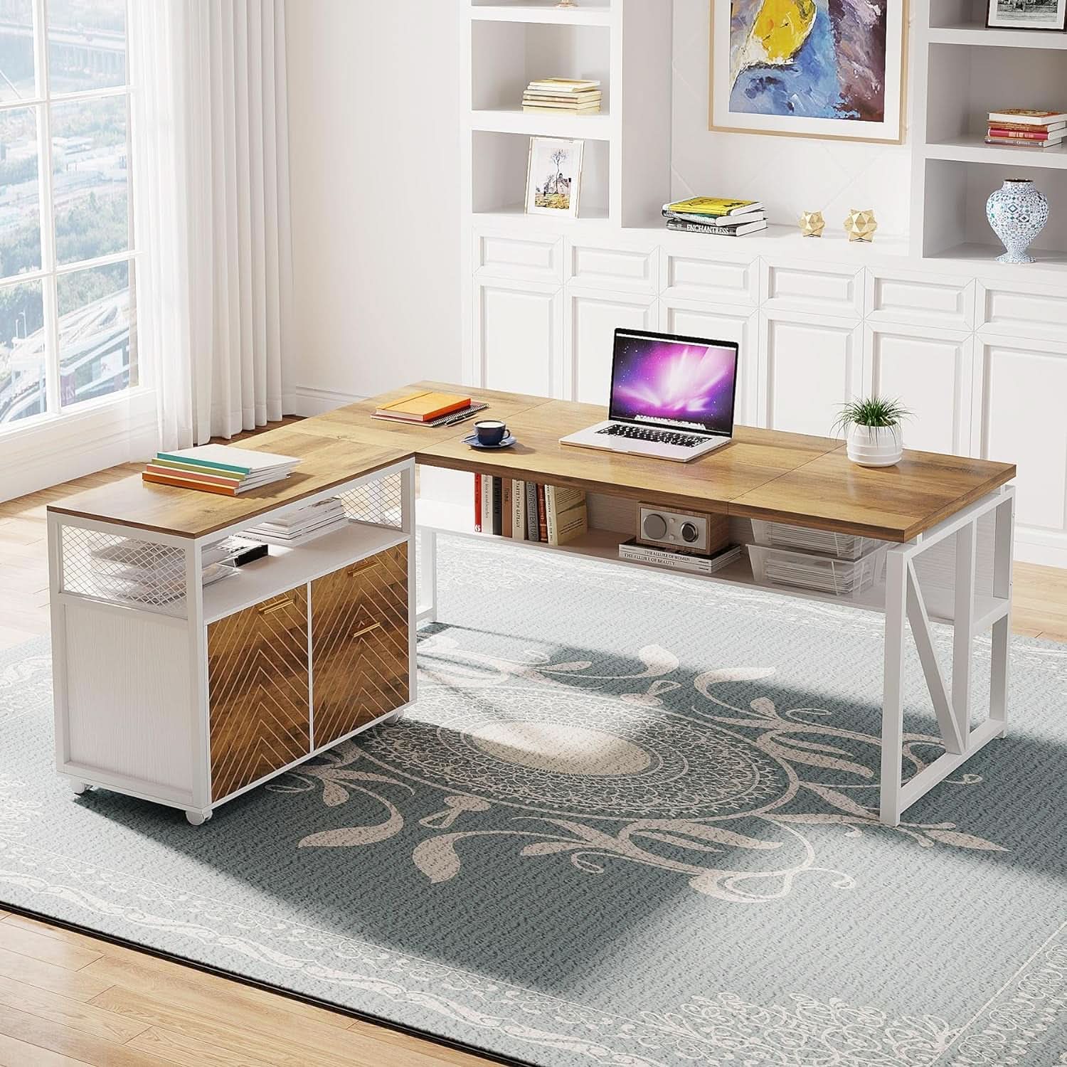 Modern File Cabinet With Drawers In Dark Walnut Casters