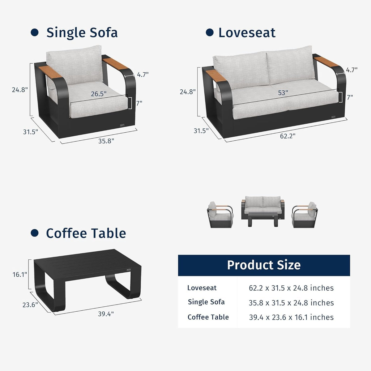 Modern Four Piece Patio Furniture Set with Deep Seating