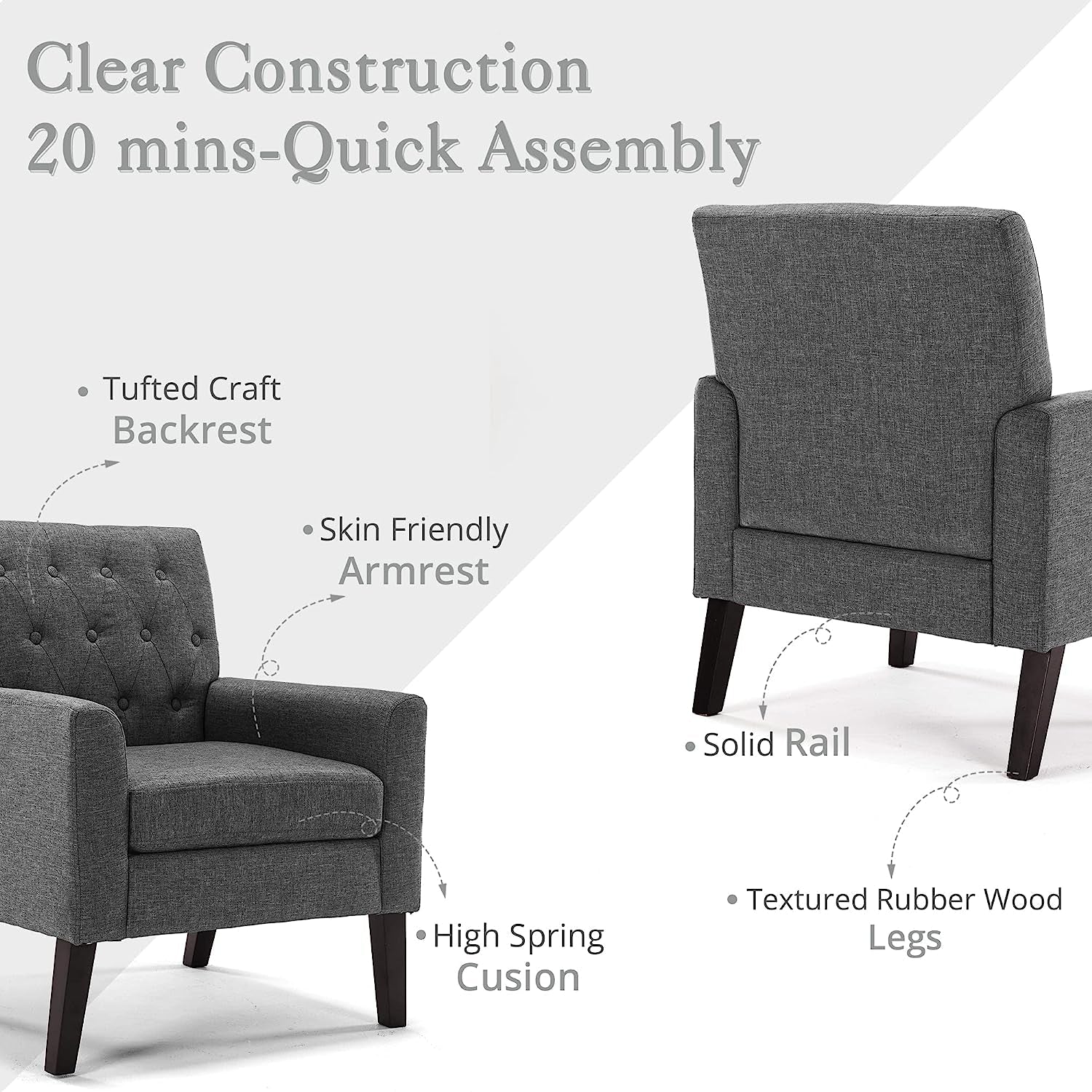 Modern Gray Linen Accent Armchair For Living Room Furniture