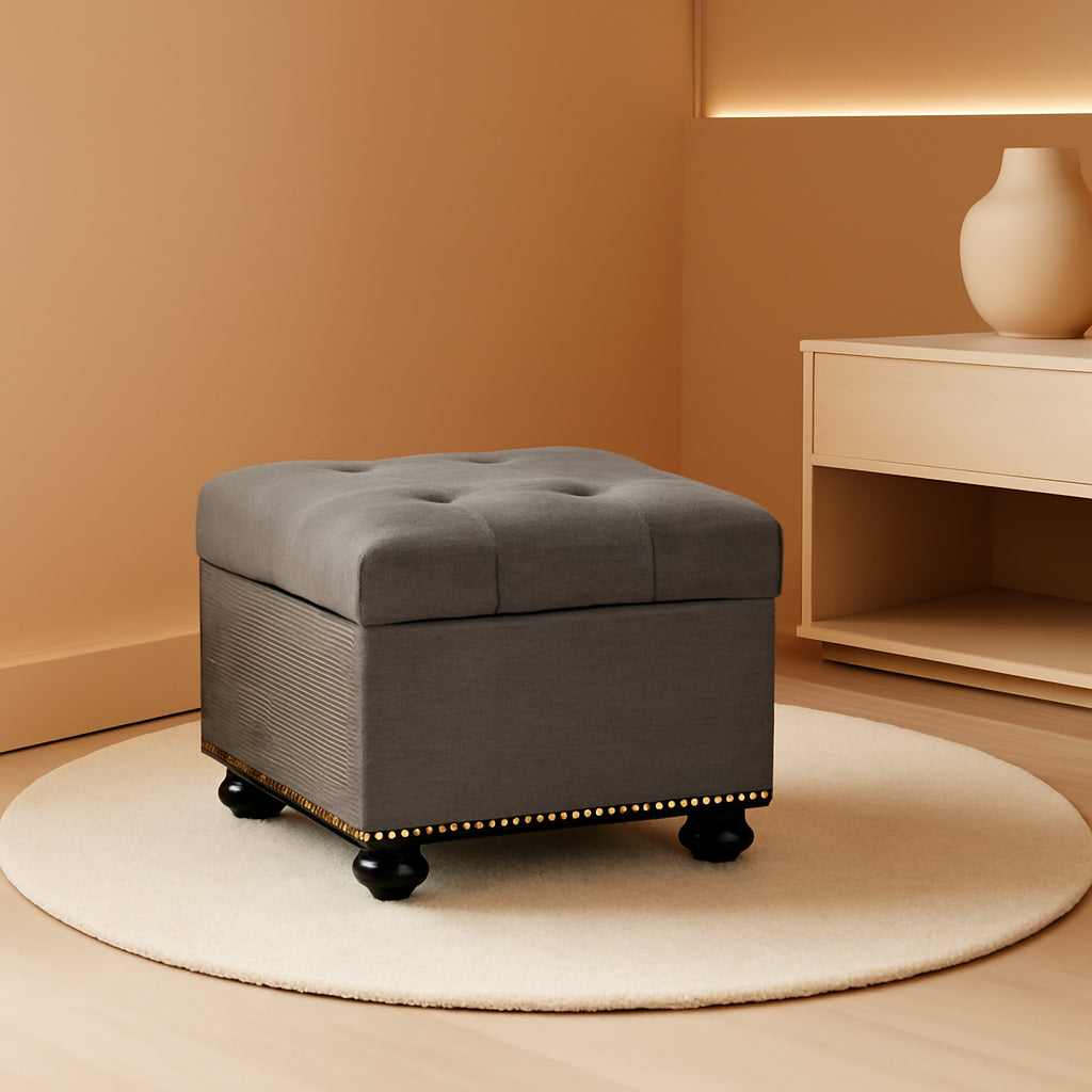 Modern Gray Linen Ottoman With Hidden Storage For Living Room