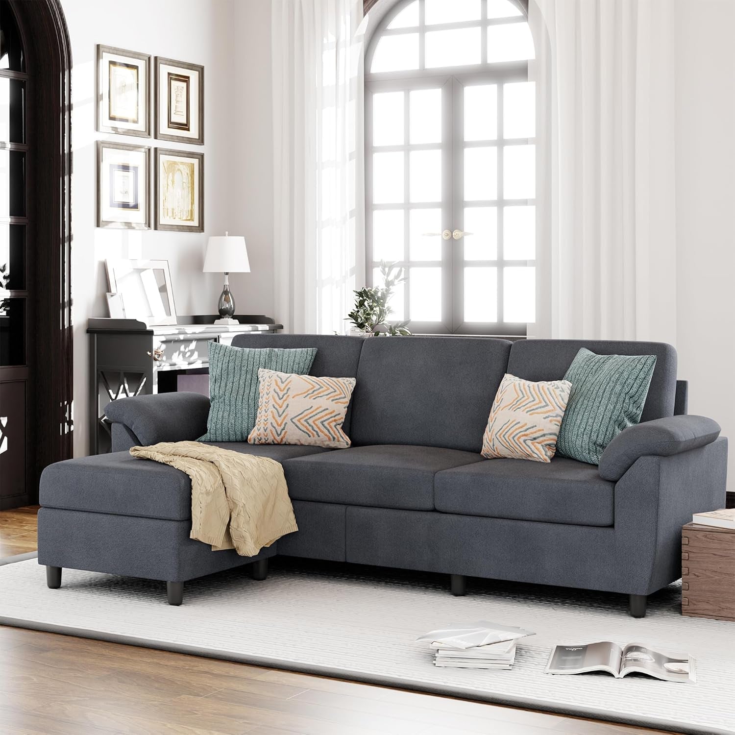 Modern Gray Linen Sectional Sofa For Living Room Set