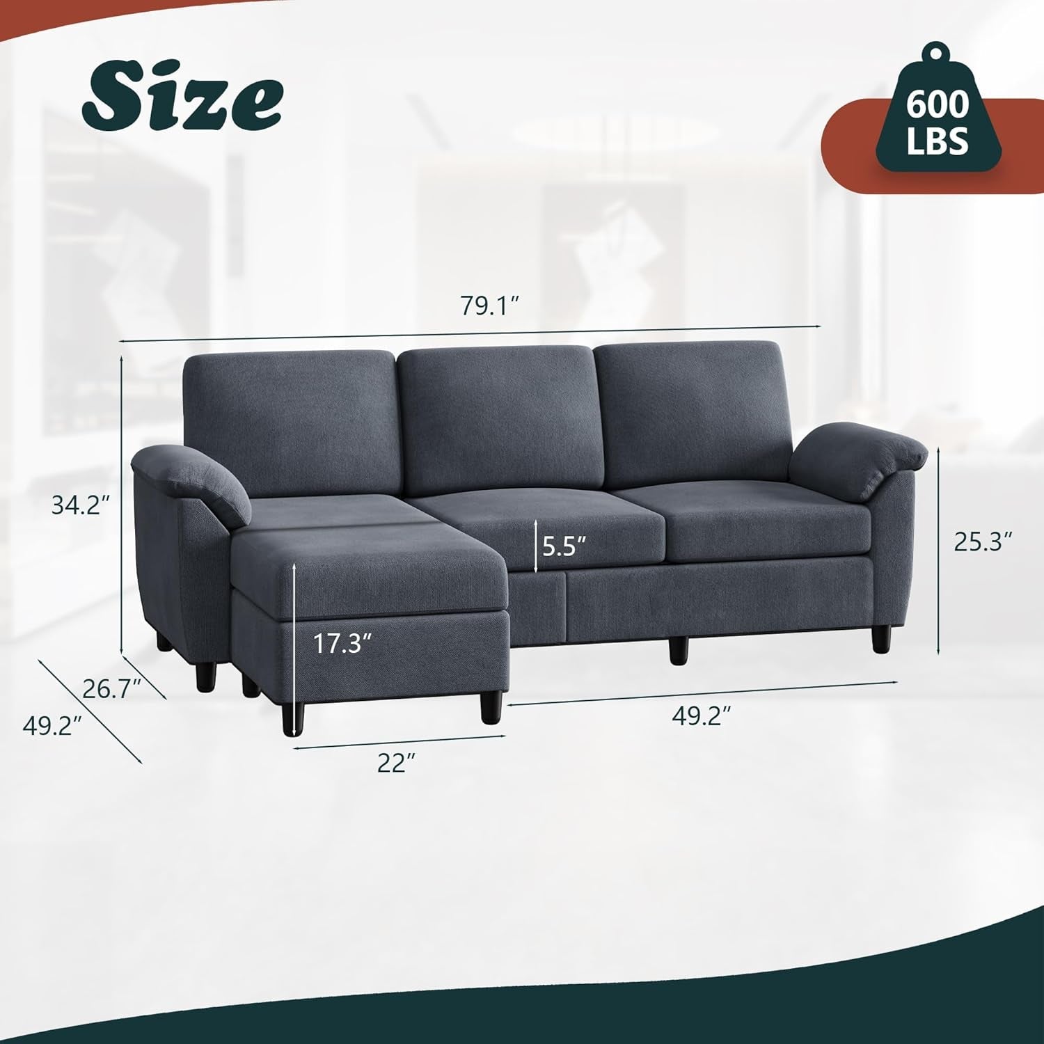 Modern Gray Linen Sectional Sofa For Living Room Set