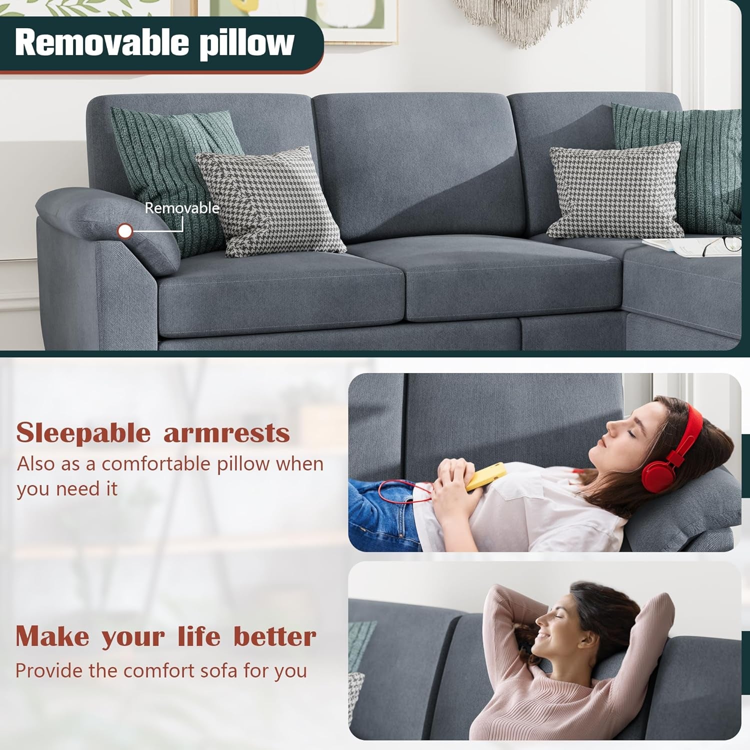 Modern Gray Linen Sectional Sofa For Living Room Set