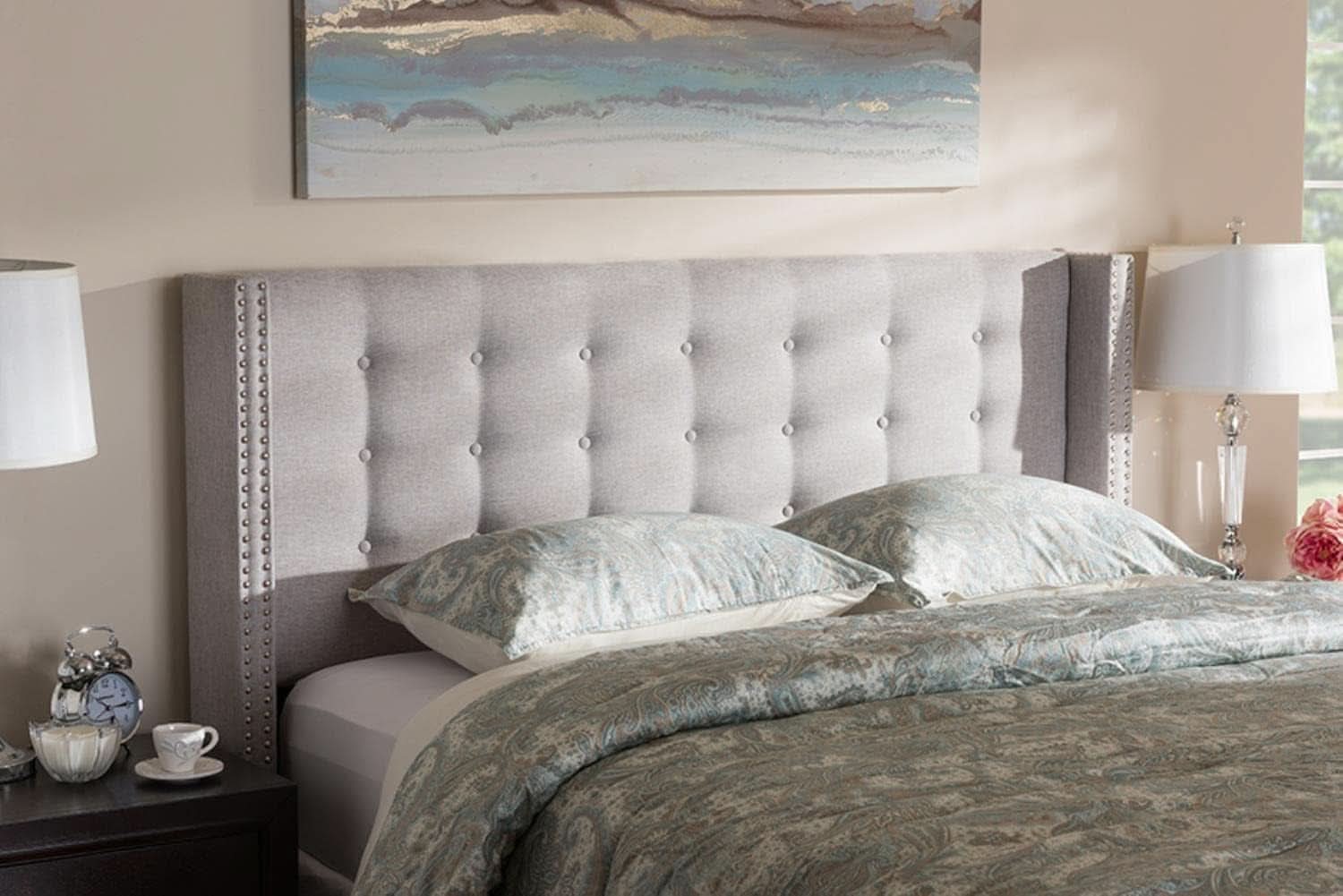 Modern Greyish Beige Winged Tufted Fabric Queen Headboard