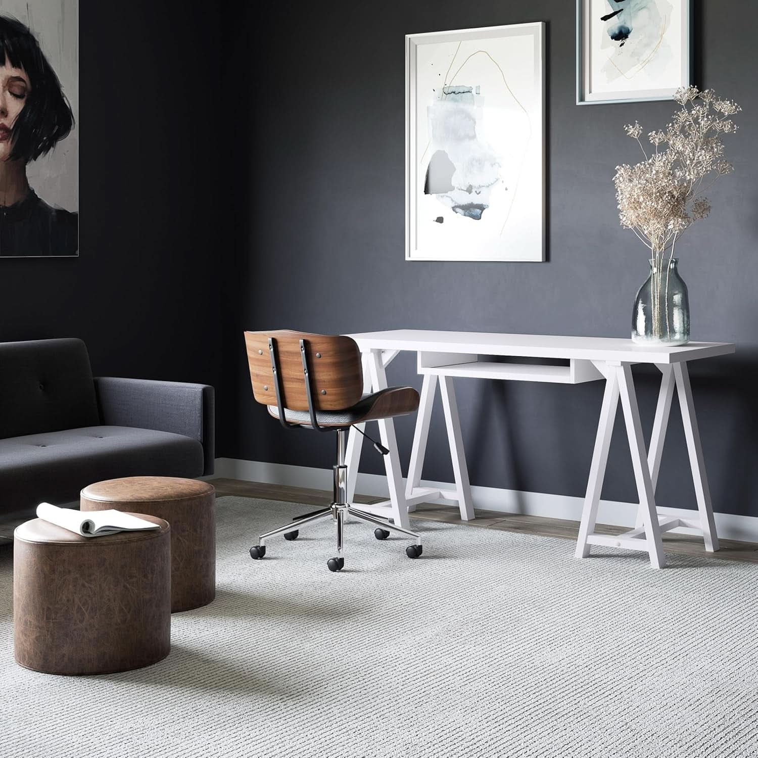 Modern Industrial Solid Wood Writing Desk with Keyboard Tray