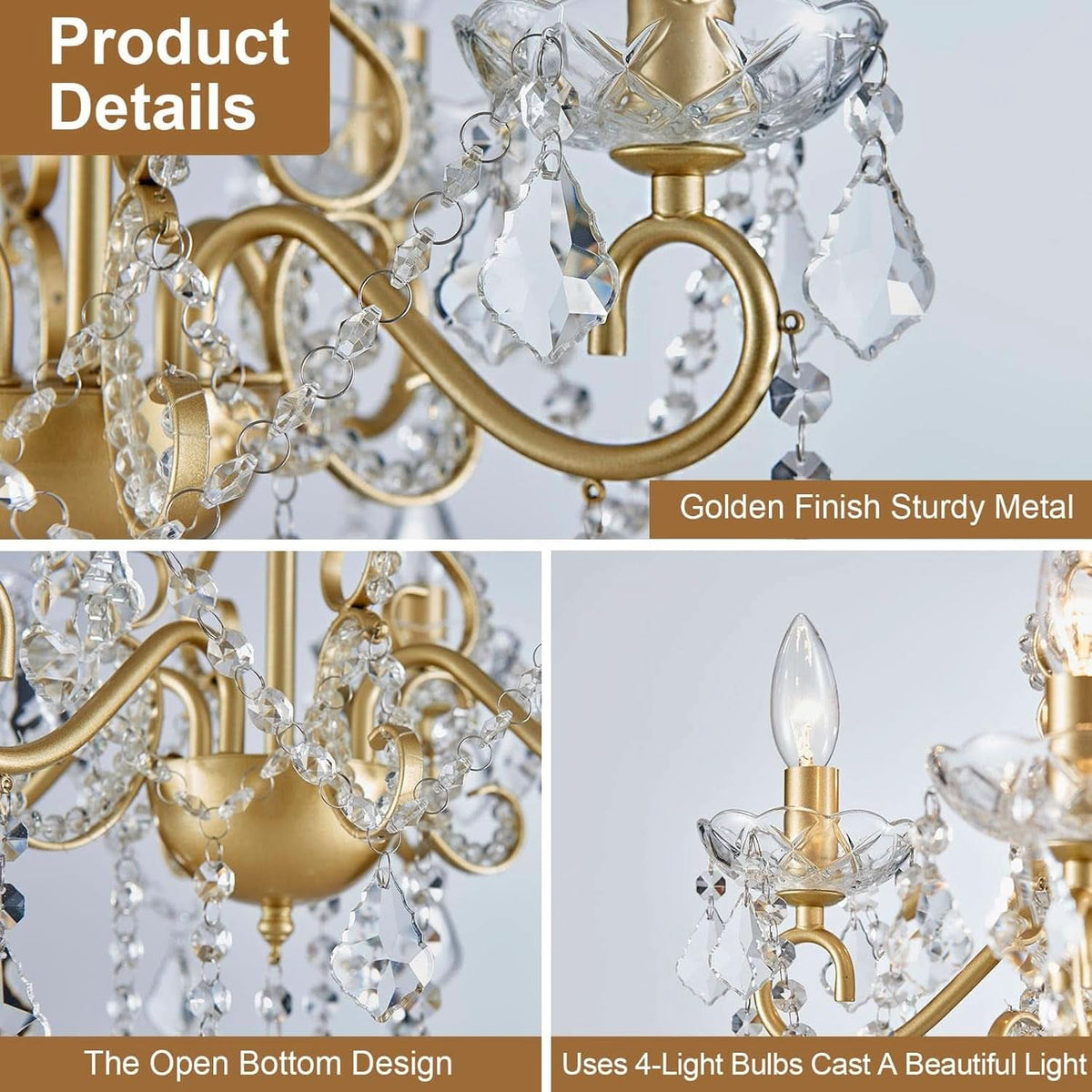 Modern K9 Crystal Chandelier 4 Light Matte Gold Pendant