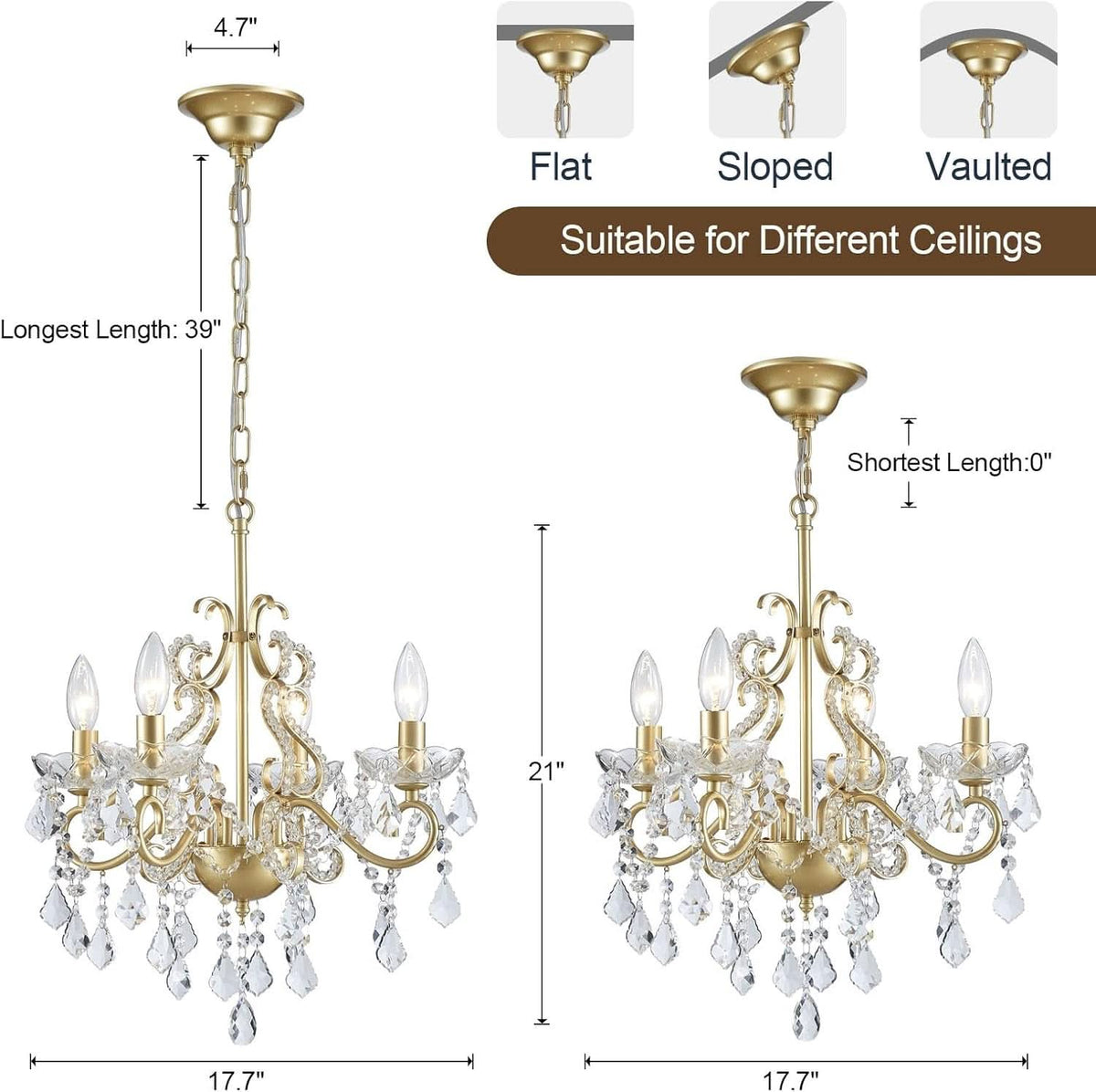 Modern K9 Crystal Chandelier 4 Light Matte Gold Pendant