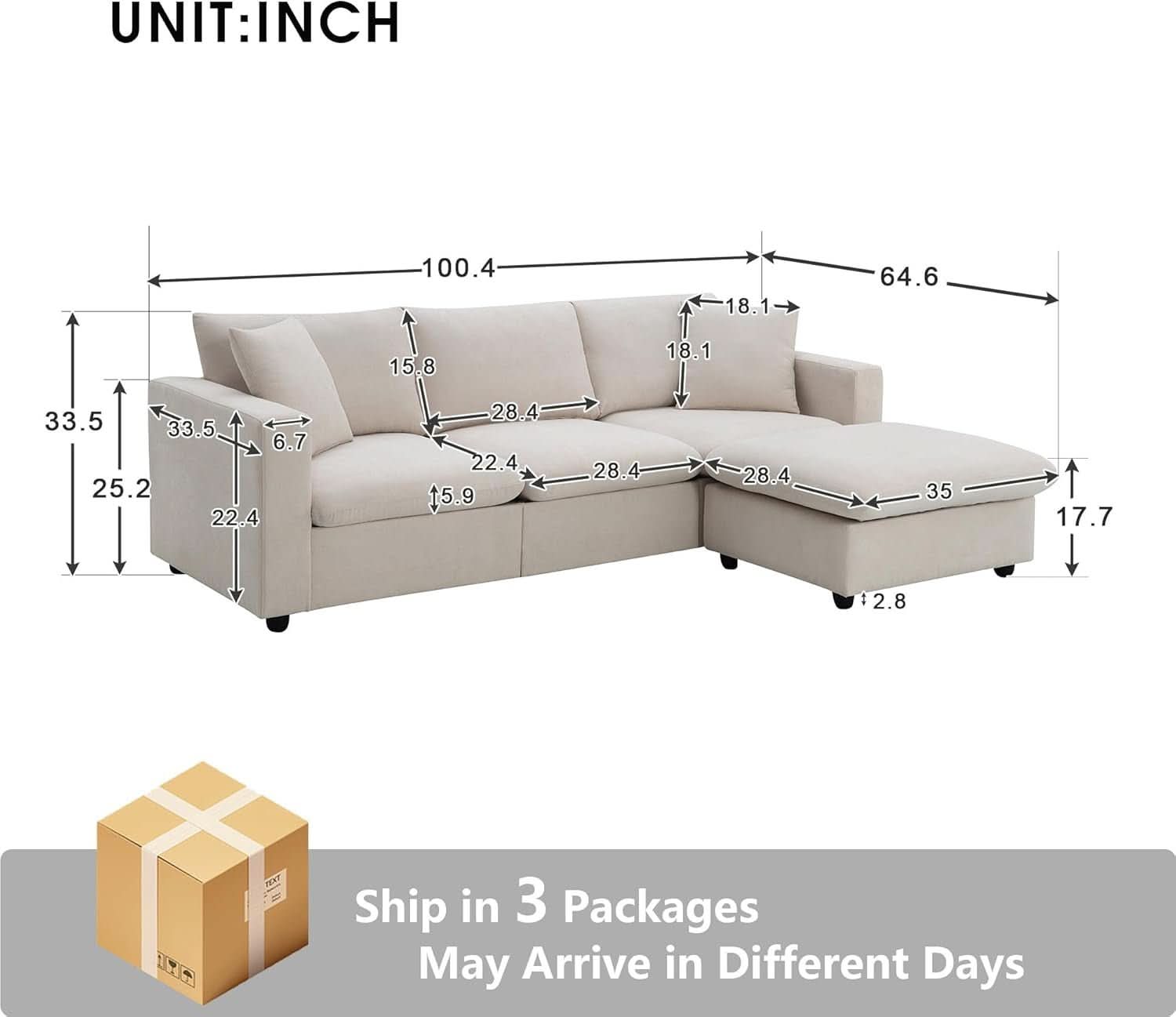Modern L Shaped Beige Cloud Sofa With Convertible Ottoman