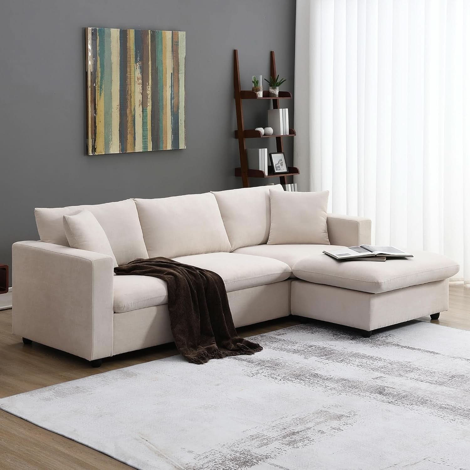 Modern L Shaped Beige Cloud Sofa With Convertible Ottoman