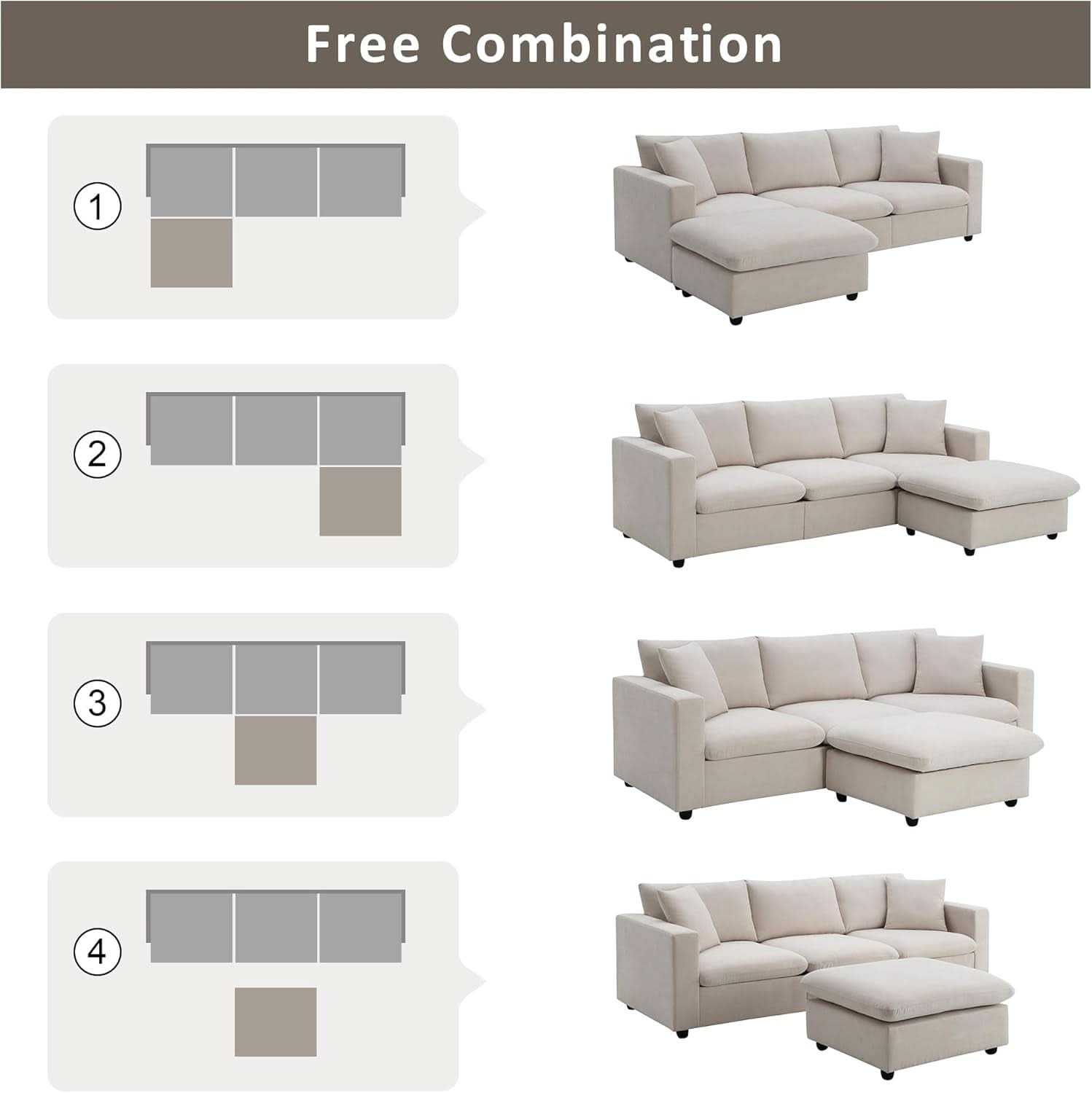 Modern L Shaped Beige Cloud Sofa With Convertible Ottoman