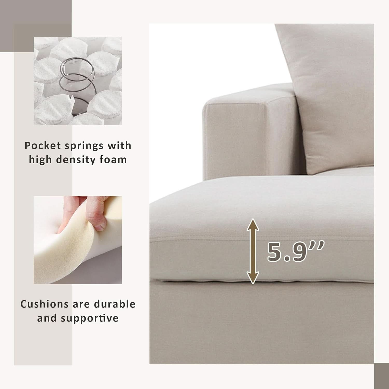 Modern L Shaped Beige Cloud Sofa With Convertible Ottoman