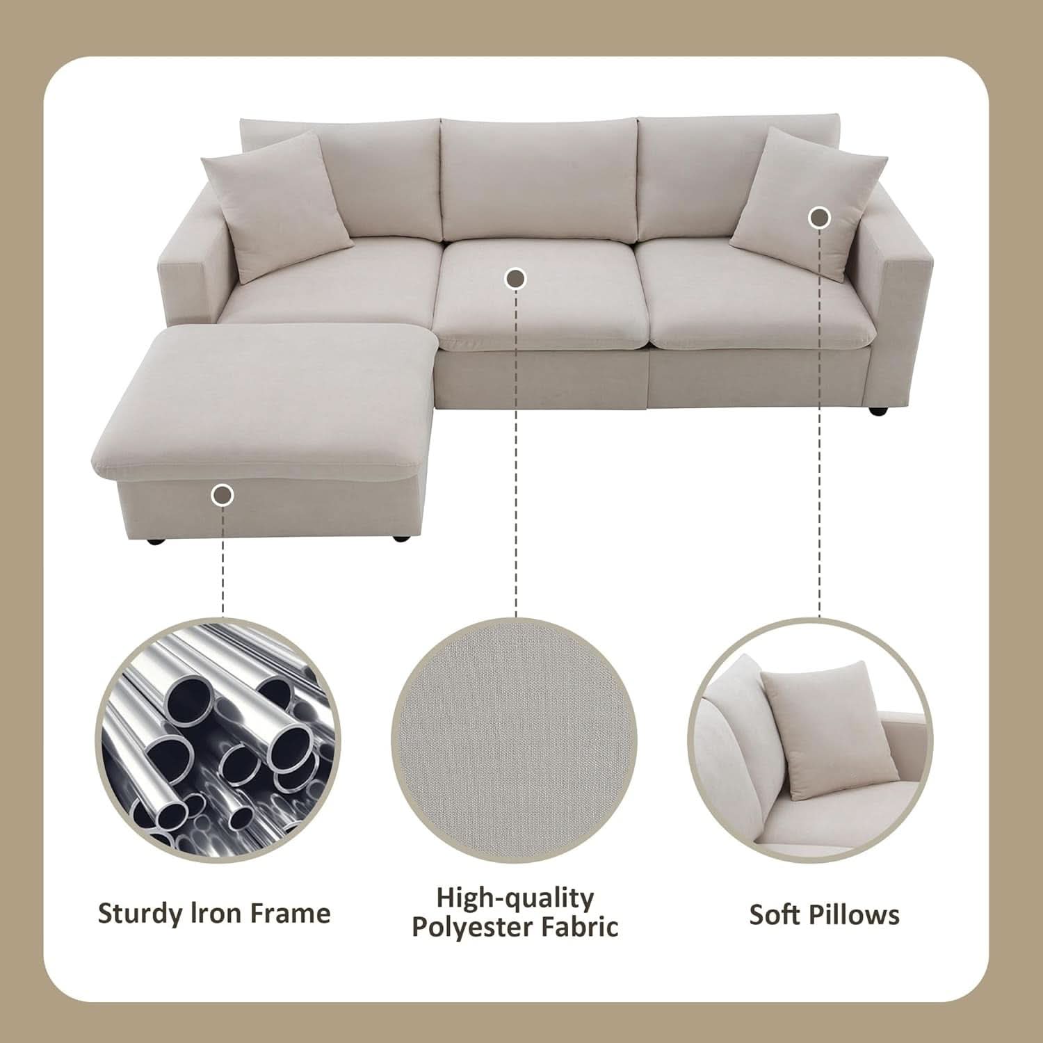 Modern L Shaped Beige Cloud Sofa With Convertible Ottoman
