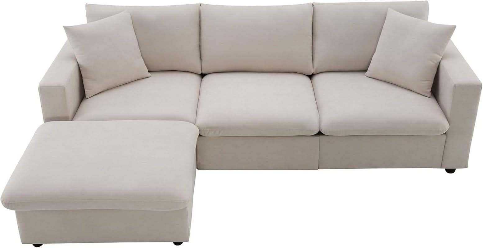 Modern L Shaped Beige Cloud Sofa With Convertible Ottoman