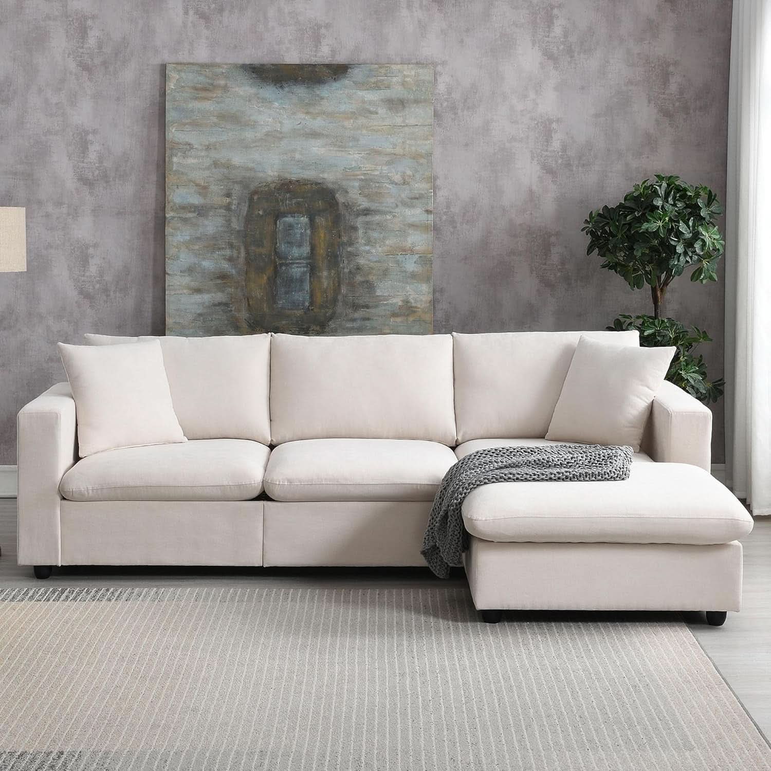 Modern L Shaped Beige Cloud Sofa With Convertible Ottoman