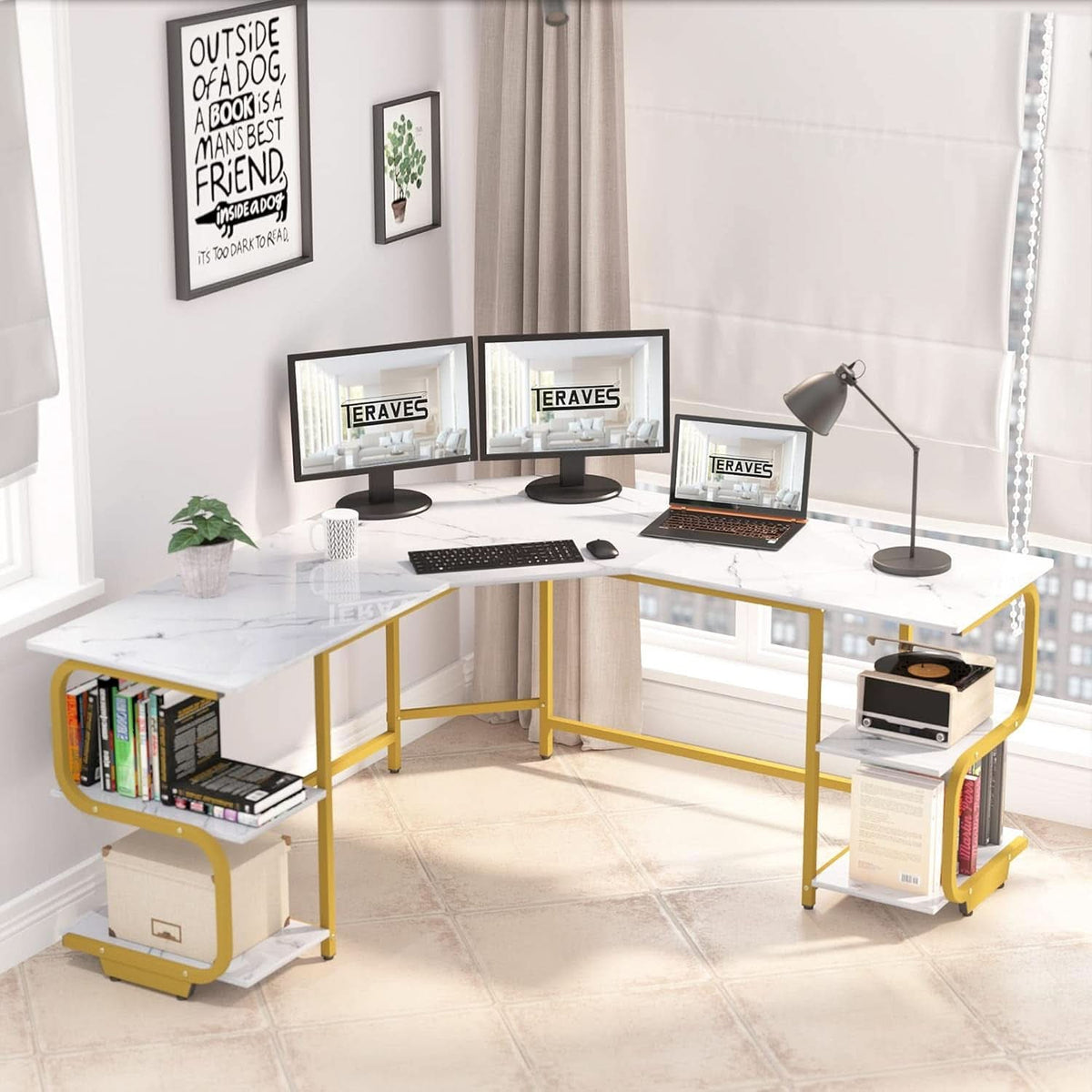 Modern L Shaped Desk with Large Shelves for Office