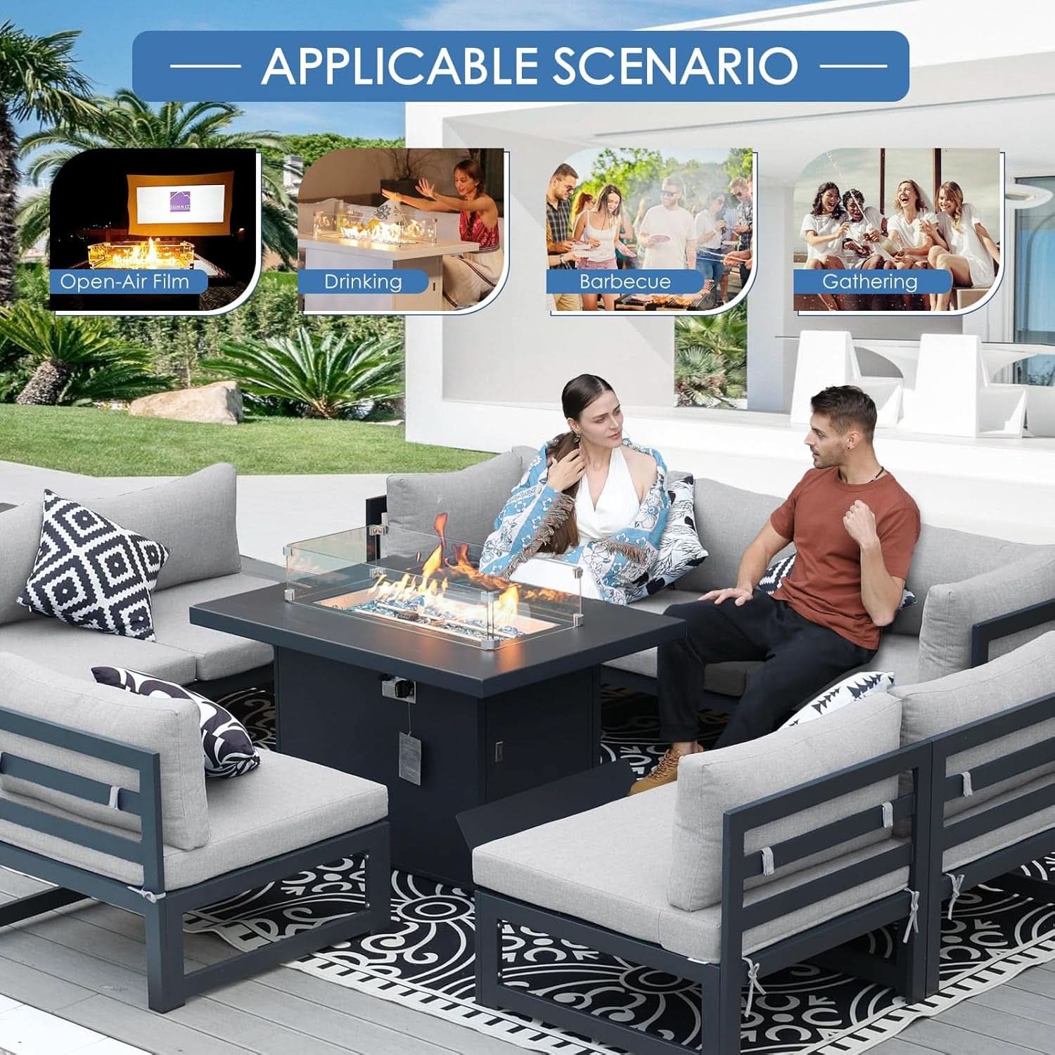 Modern Large Grey Aluminum Outdoor Patio Furniture Set With Fire Pit Table