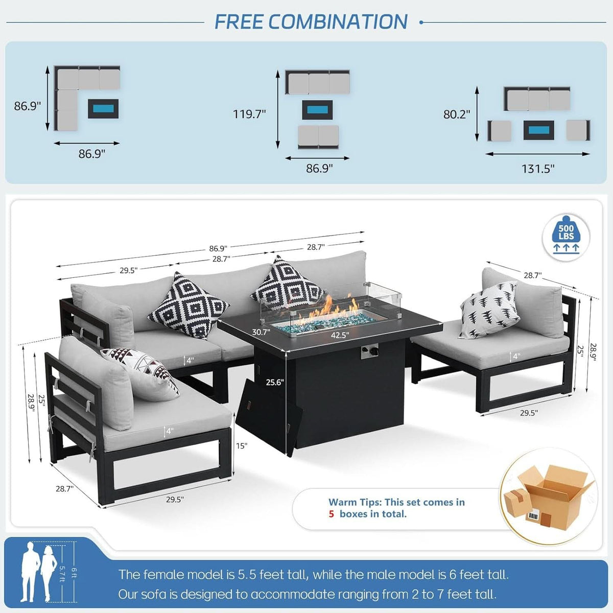 Modern Large Grey Aluminum Outdoor Patio Furniture Set With Fire Pit Table