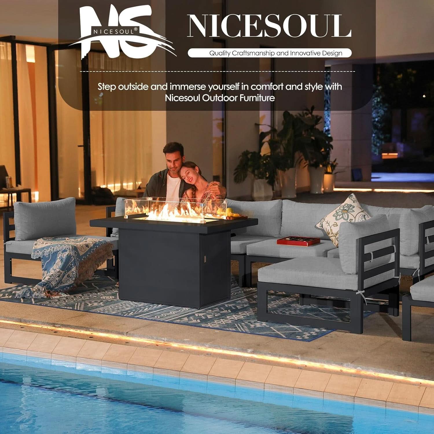Modern Large Grey Aluminum Outdoor Patio Furniture Set With Fire Pit Table