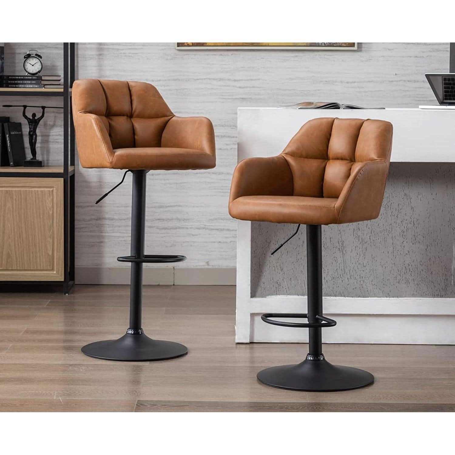 Modern Leather Swivel Bar Stool With Backrest And Armrests