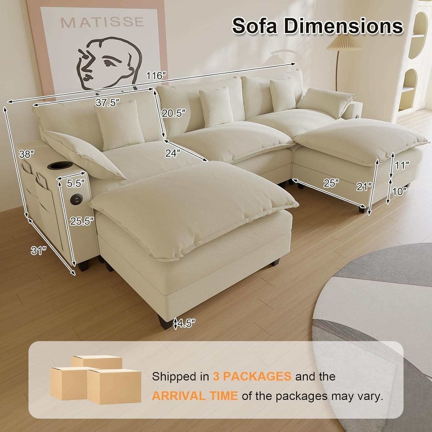 Modern Modular Sectional Sofa with Ottoman and Pillows