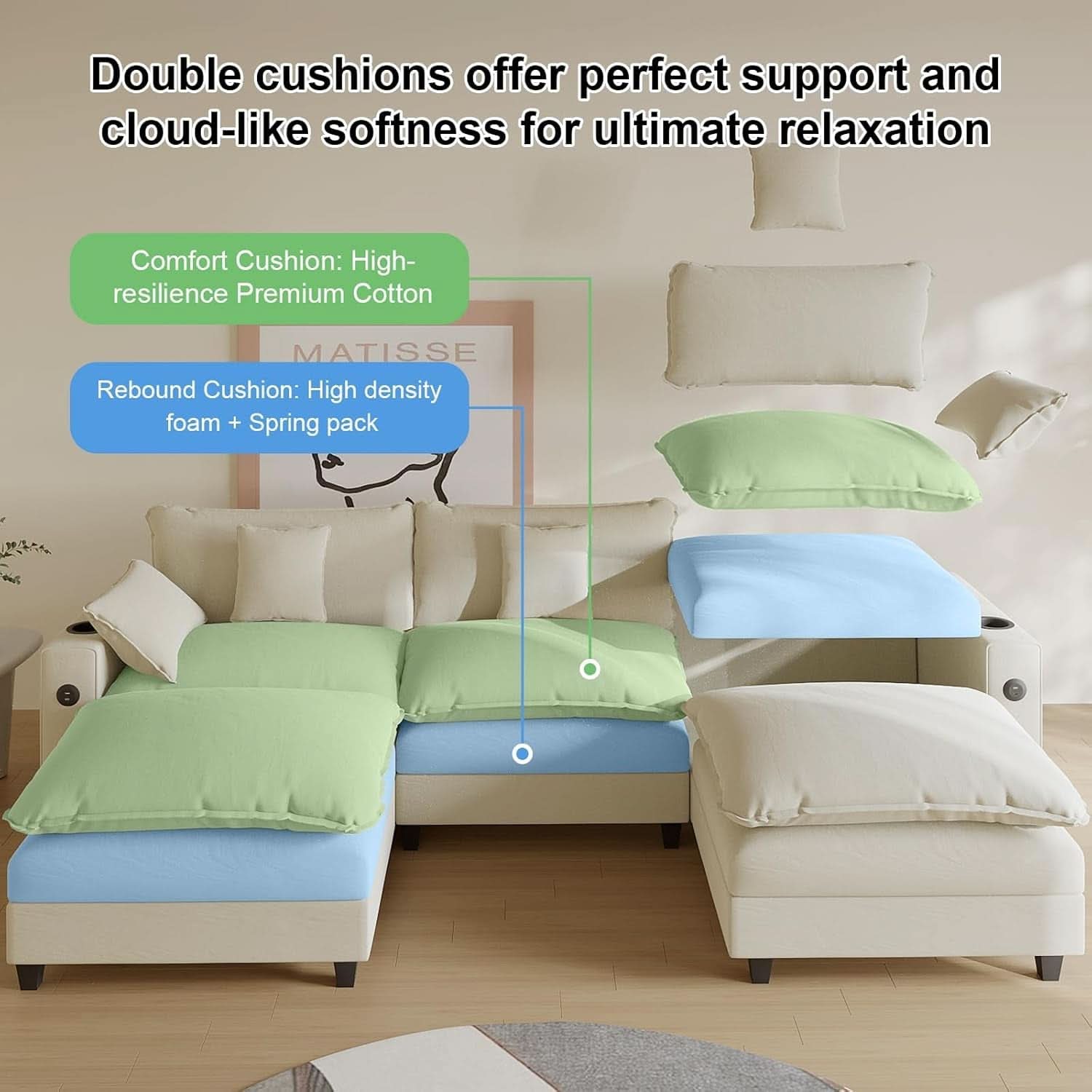Modern Modular Sectional Sofa with Ottoman and Pillows