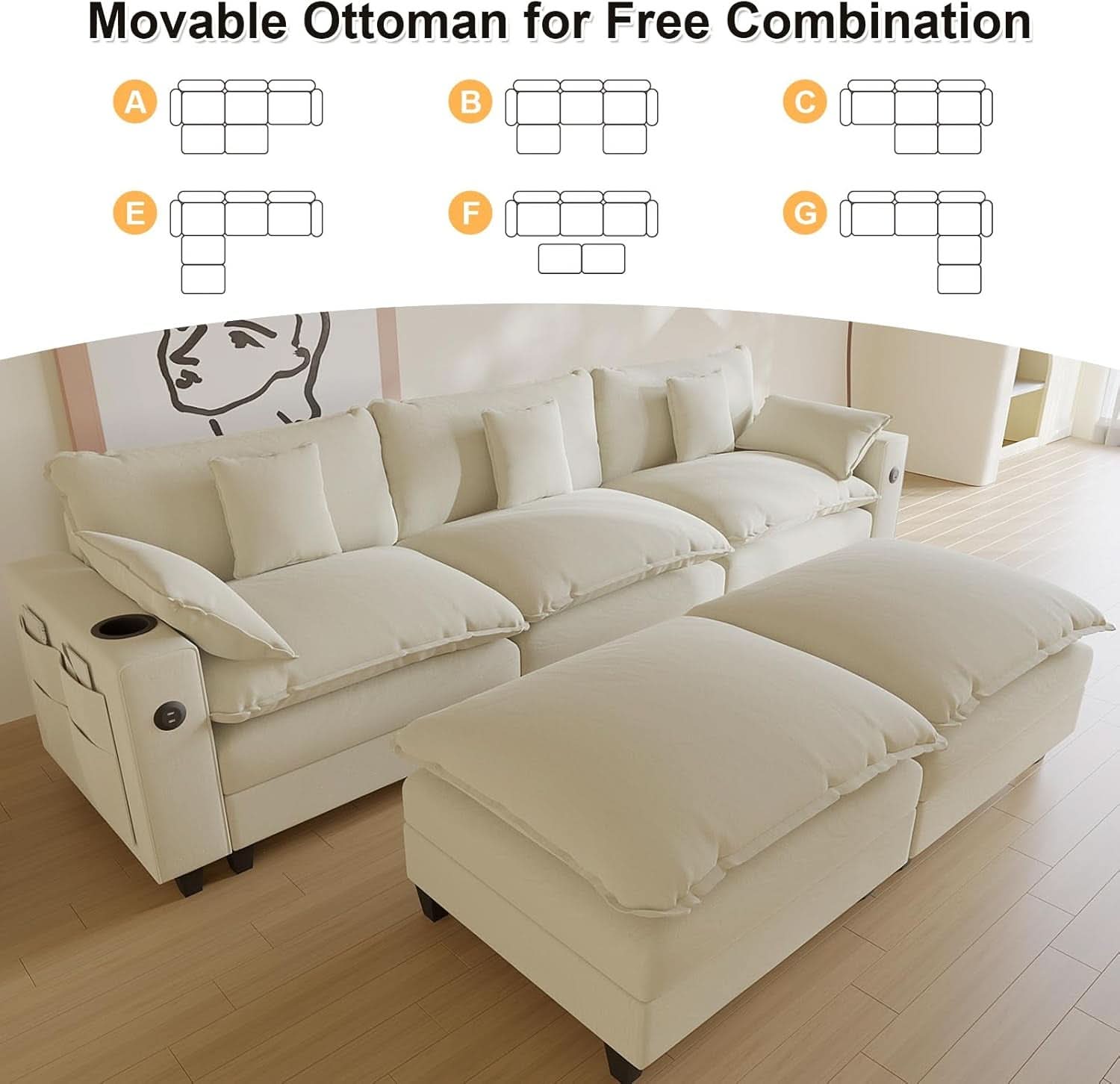 Modern Modular Sectional Sofa with Ottoman and Pillows