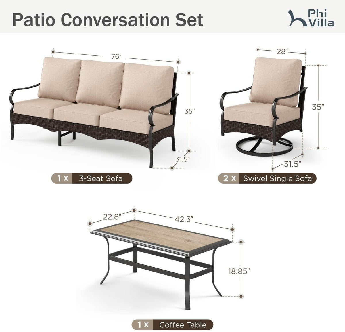 Modern Outdoor Patio Furniture Set with Thick Cushions