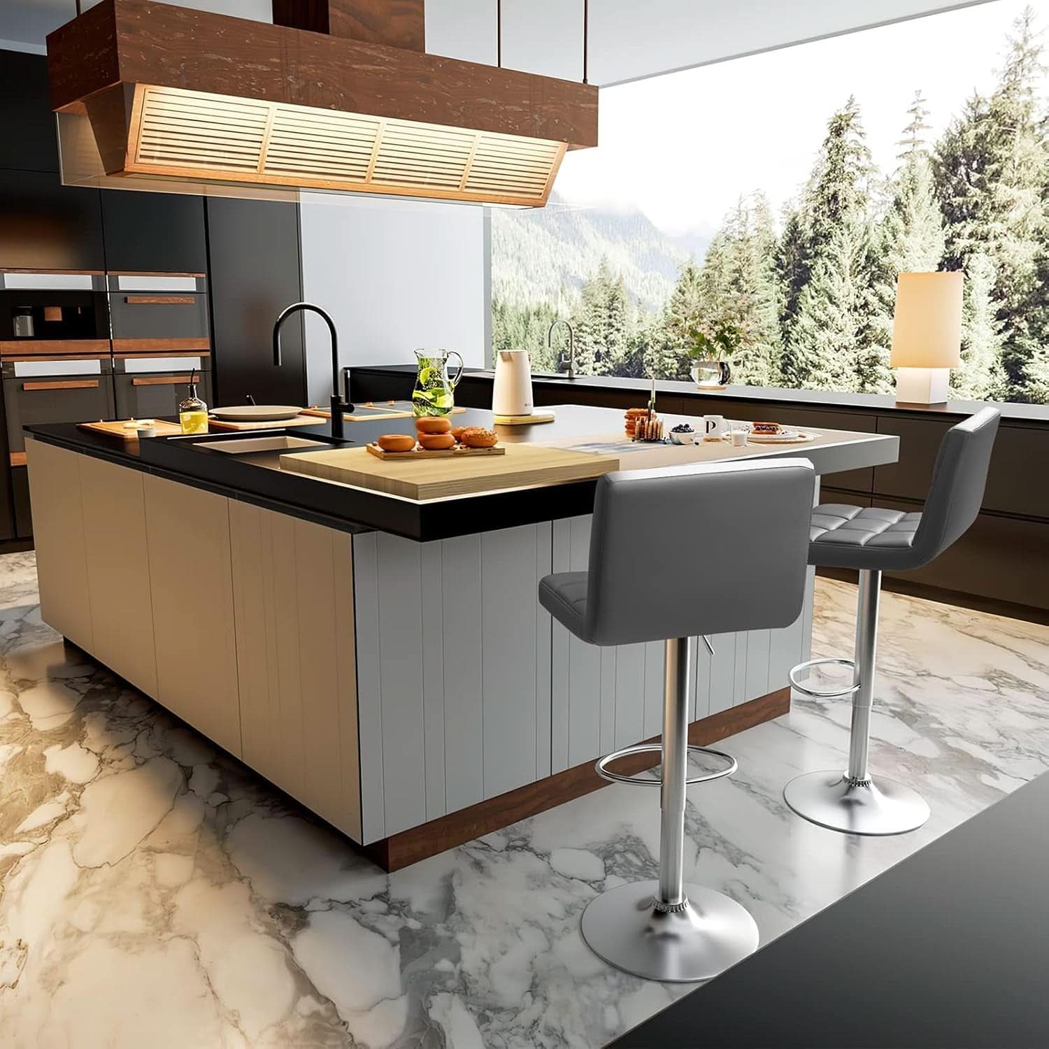 Modern PU Leather Adjustable Swivel Bar Stools Deep Gray