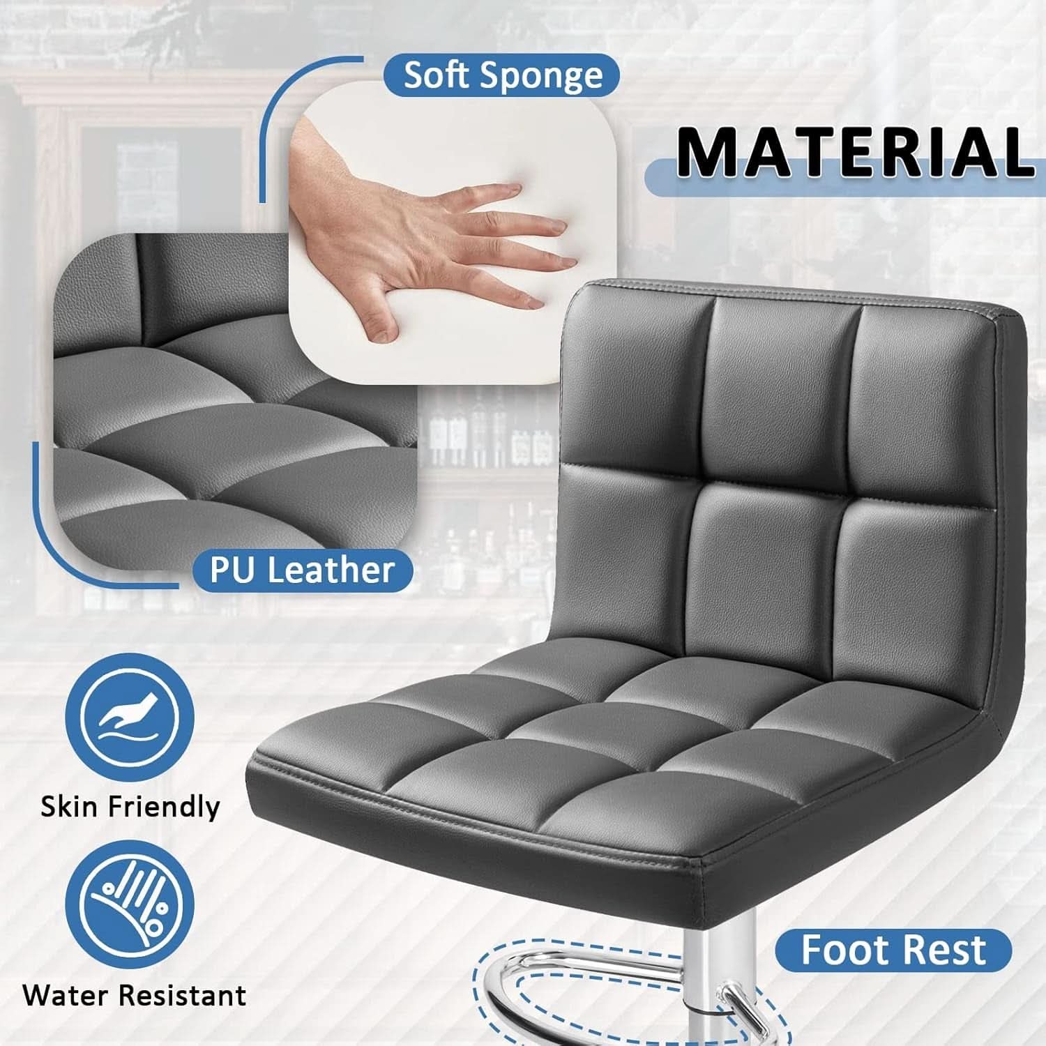 Modern PU Leather Adjustable Swivel Bar Stools Deep Gray