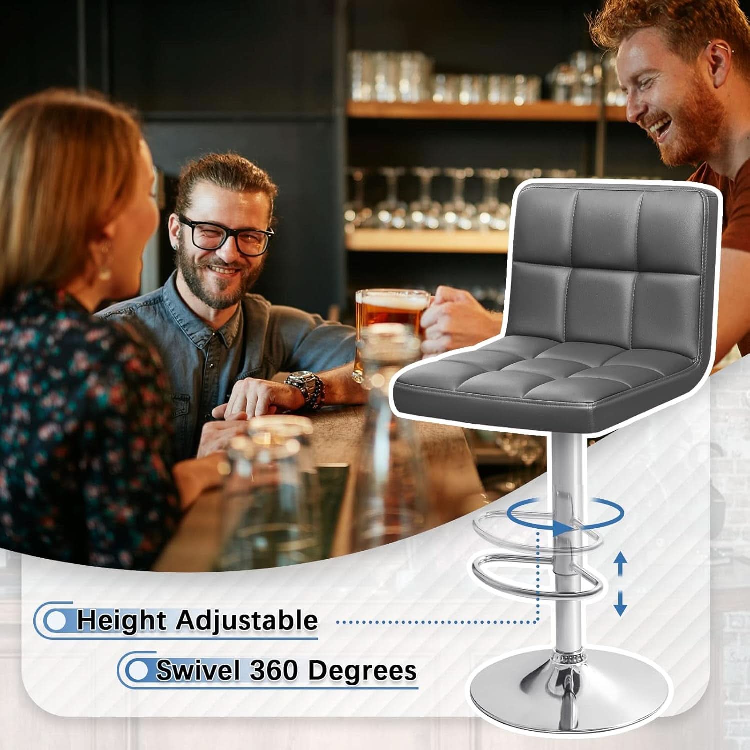 Modern PU Leather Adjustable Swivel Bar Stools Deep Gray