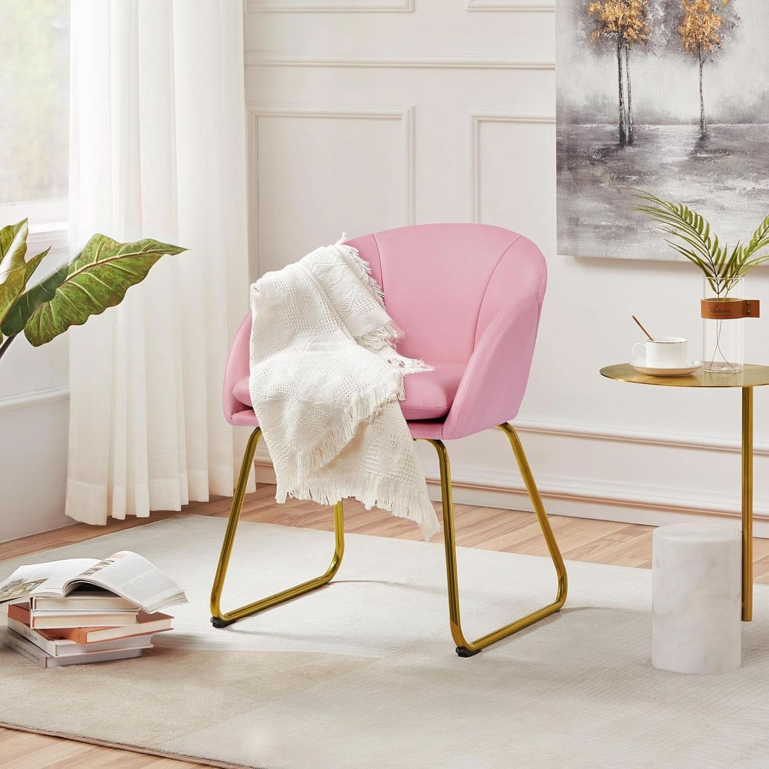 Modern PU Leather Armchair Flower With Golden Legs Pink