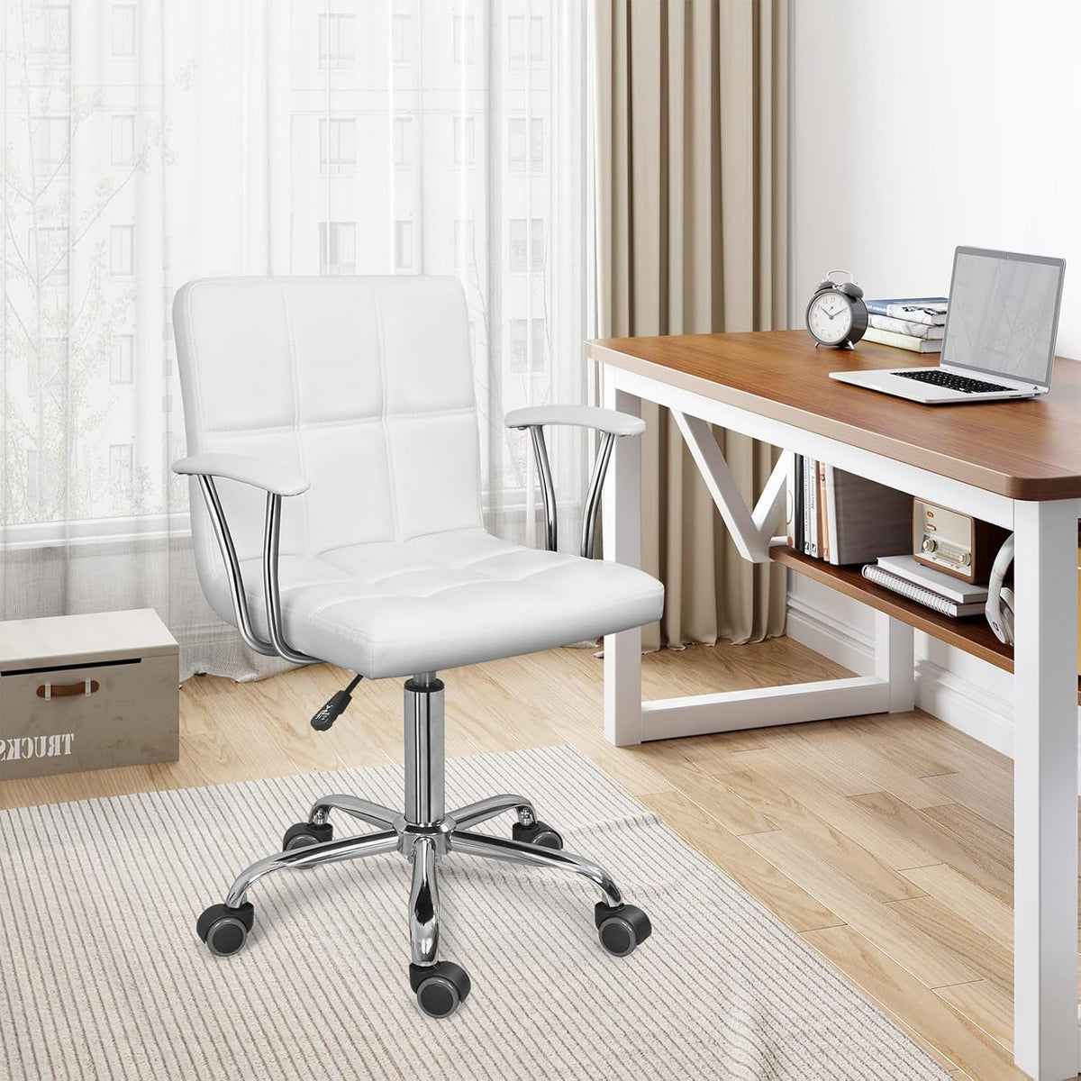Modern PU Leather Mid-Back Office Desk Chair, Height Adjustable, White