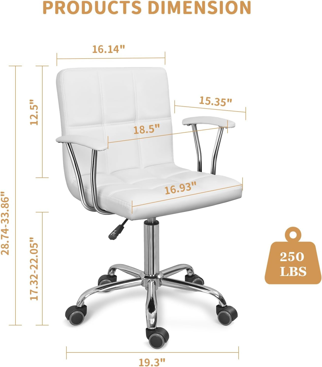 Modern PU Leather Mid-Back Office Desk Chair, Height Adjustable, White