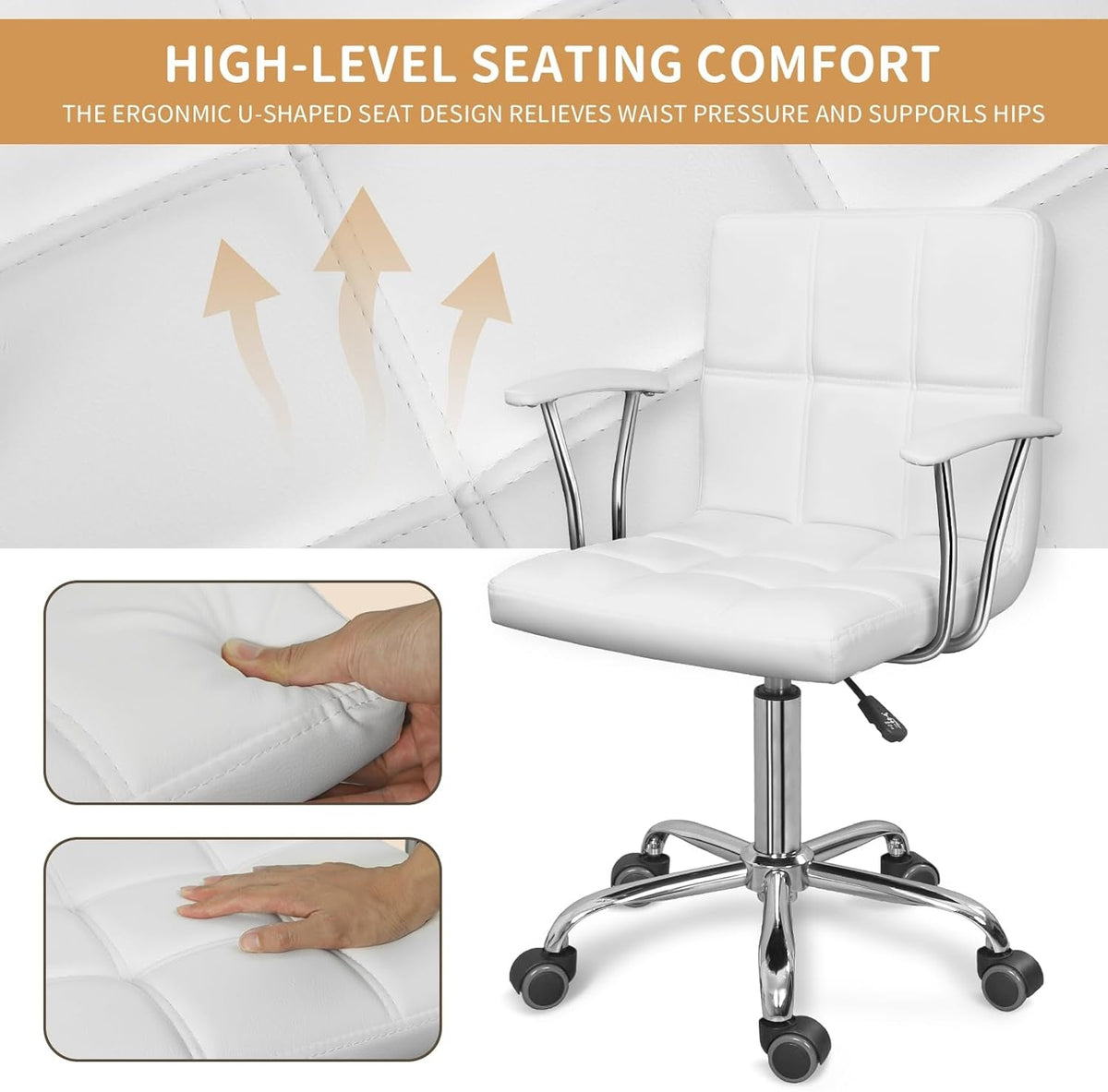 Modern PU Leather Mid-Back Office Desk Chair, Height Adjustable, White