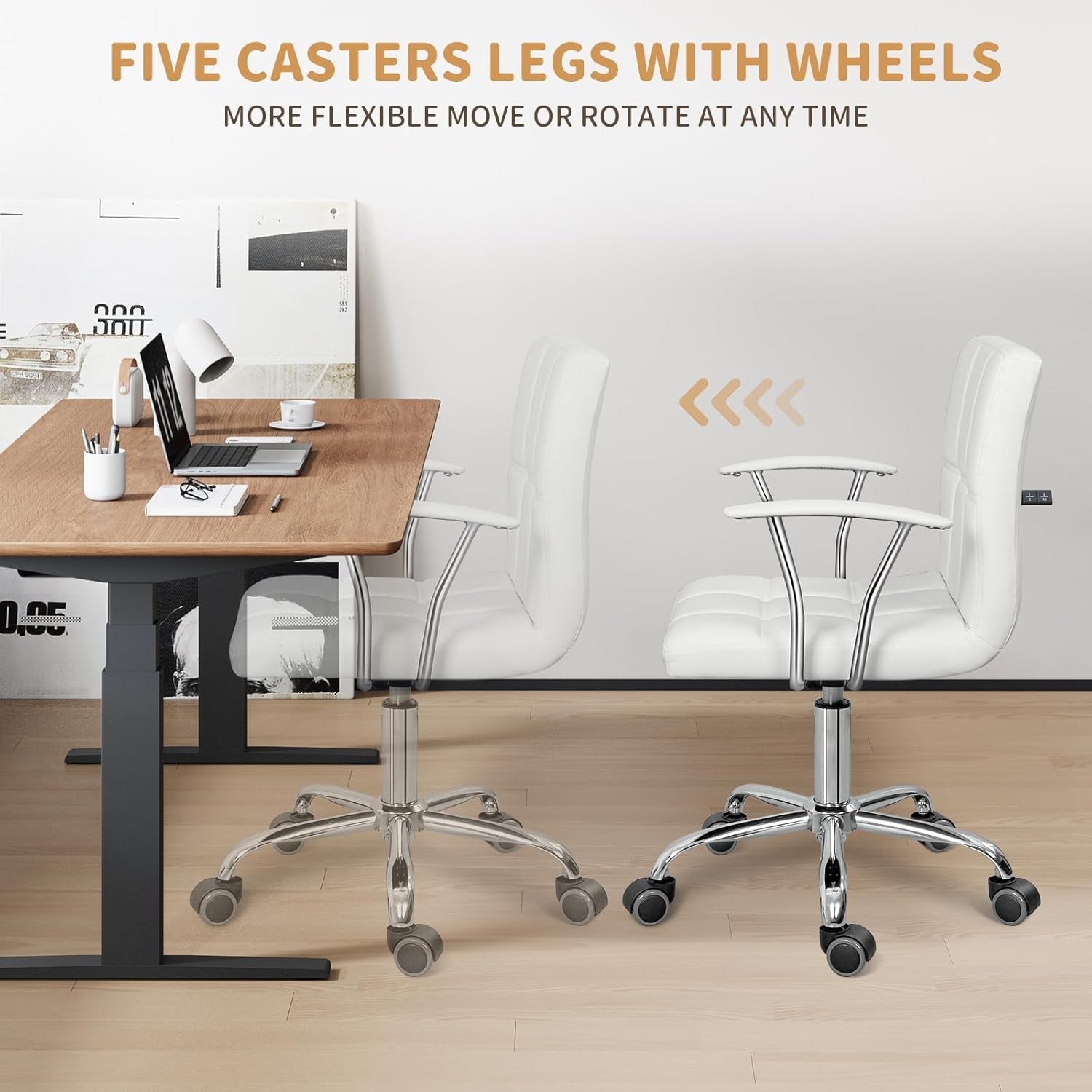 Modern PU Leather Mid-Back Office Desk Chair, Height Adjustable, White