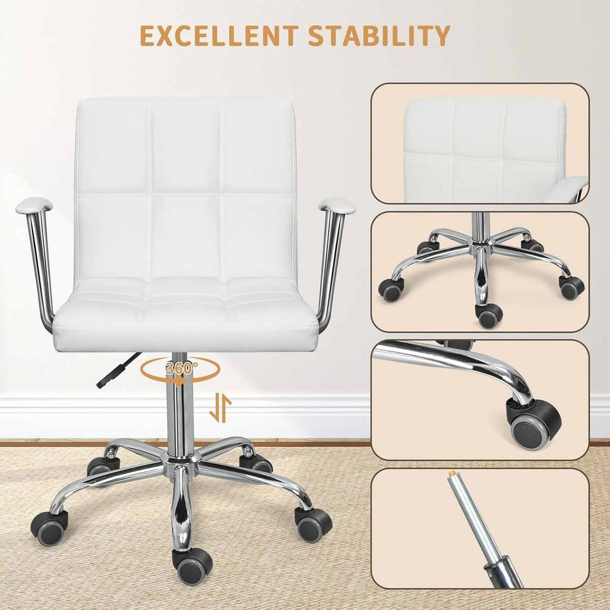 Modern PU Leather Mid-Back Office Desk Chair, Height Adjustable, White