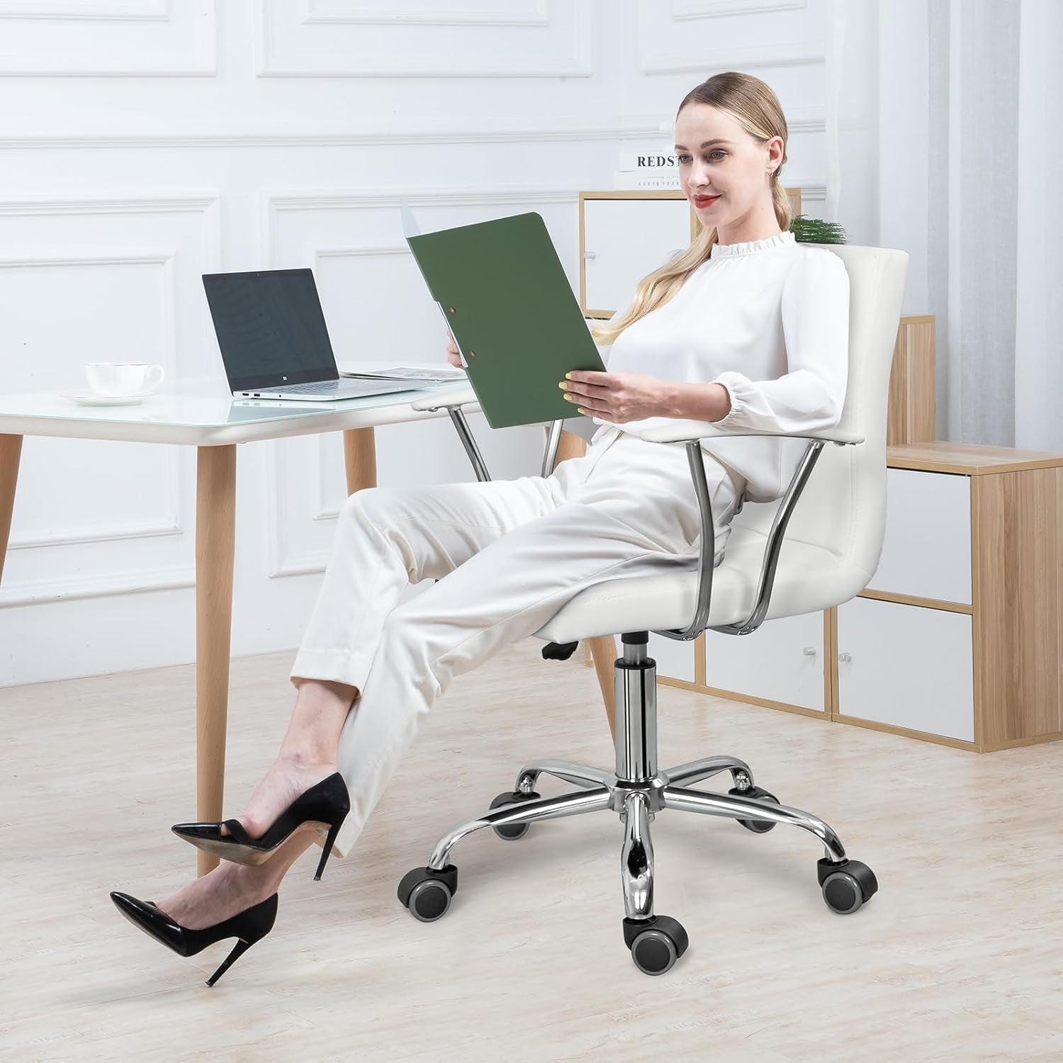 Modern PU Leather Mid-Back Office Desk Chair, Height Adjustable, White