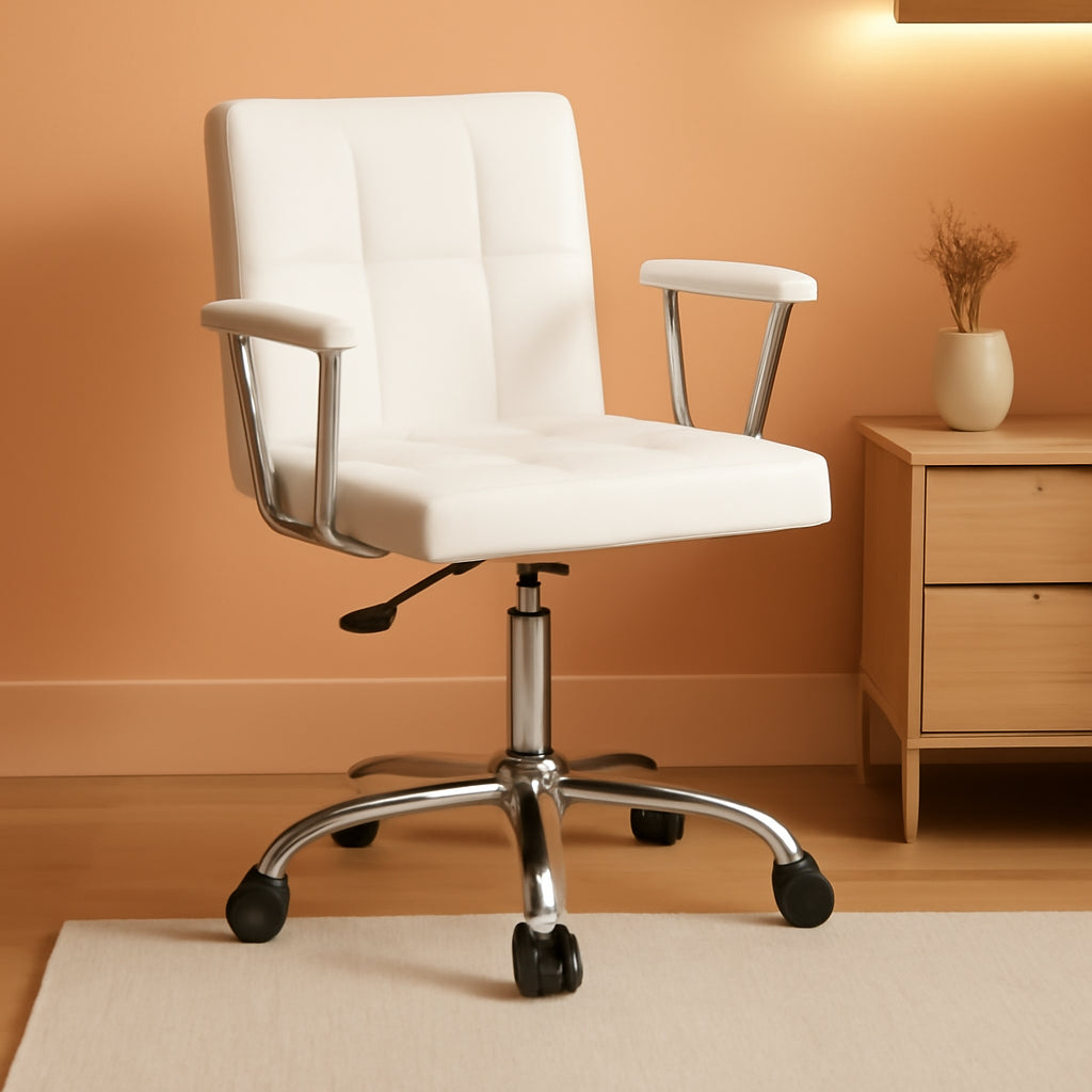 Modern PU Leather Mid-Back Office Desk Chair, Height Adjustable, White
