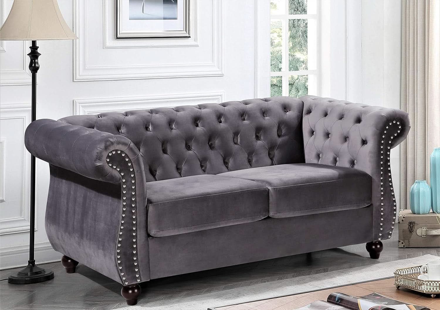 Modern Pink Velvet Chesterfield Loveseat With Tufted Back