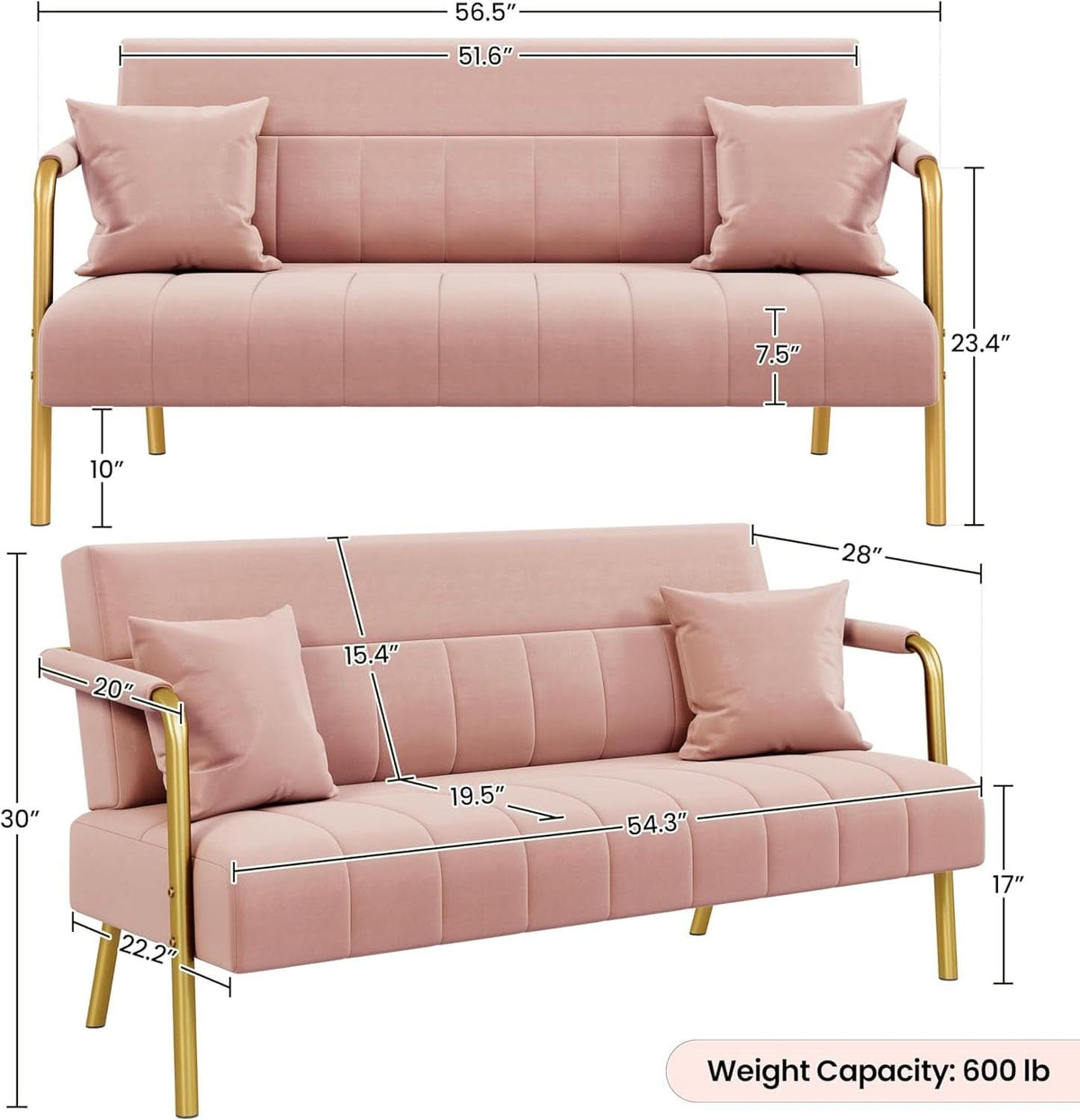 Modern Pink Velvet Sofa with Gold Arms for Living Room