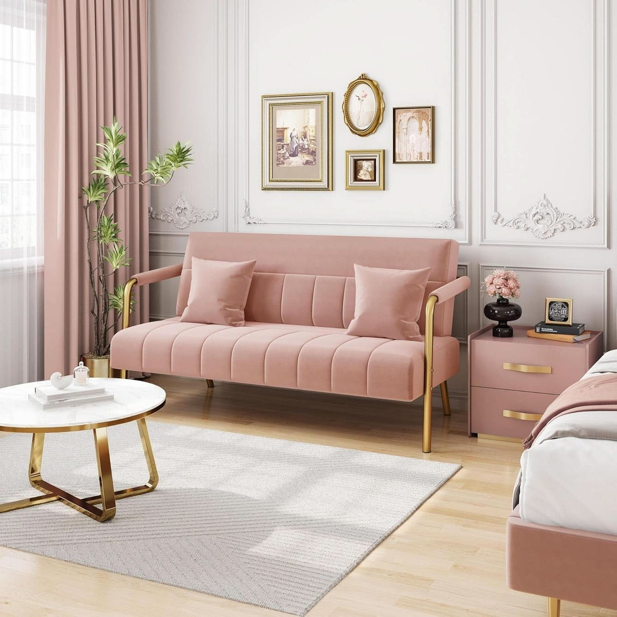 Modern Pink Velvet Sofa with Gold Arms for Living Room