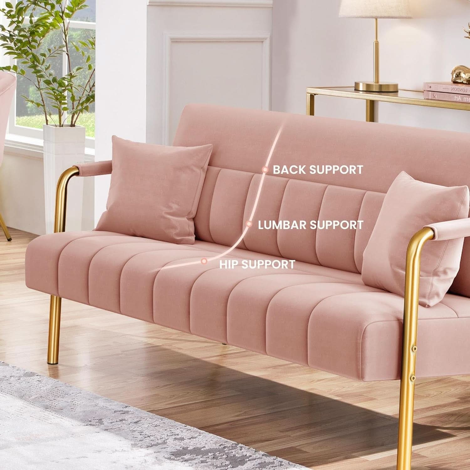 Modern Pink Velvet Sofa with Gold Arms for Living Room