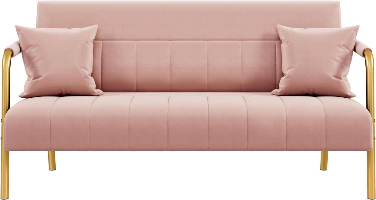 Modern Pink Velvet Sofa with Gold Arms for Living Room