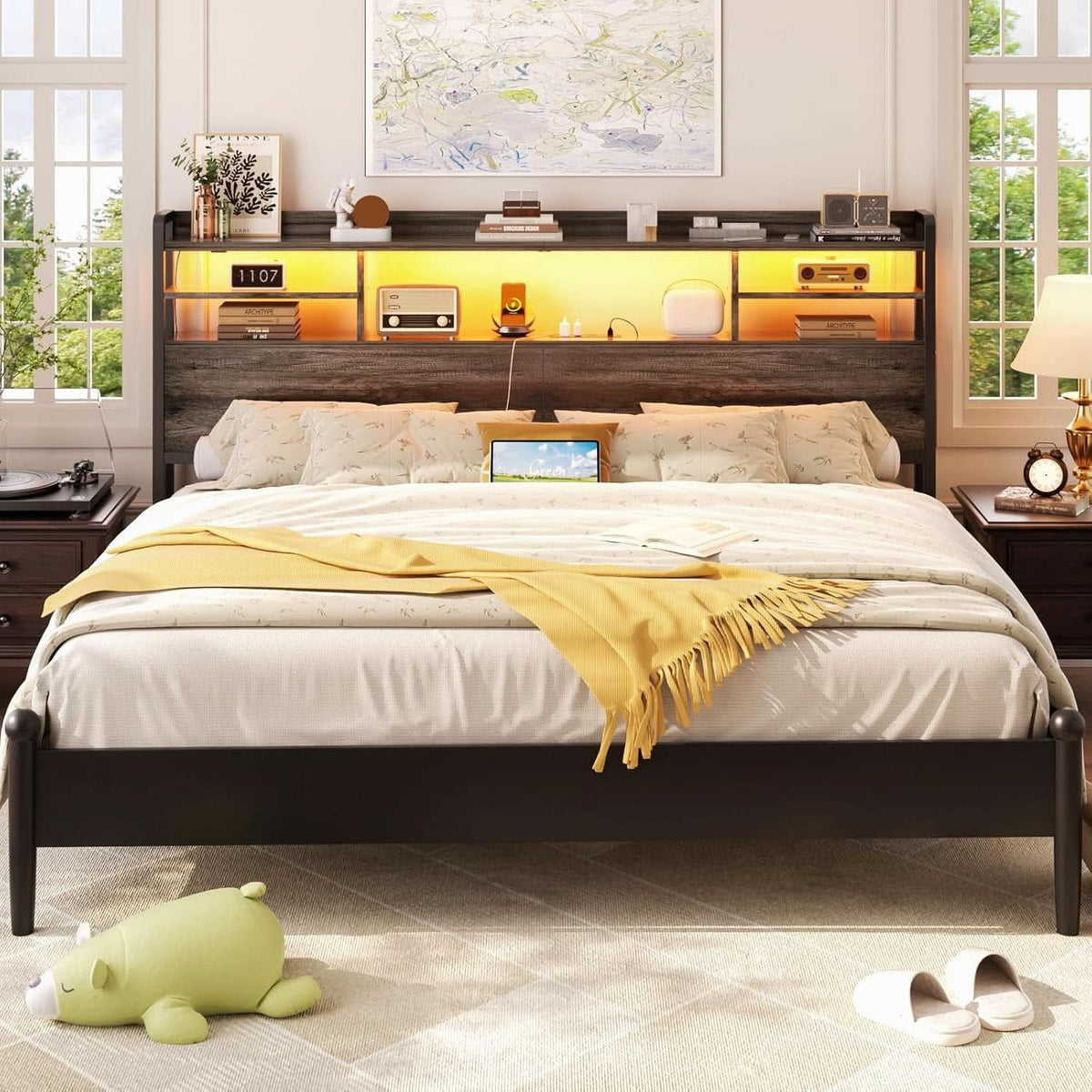 Modern Queen Size Headboard with Storage and USB Ports