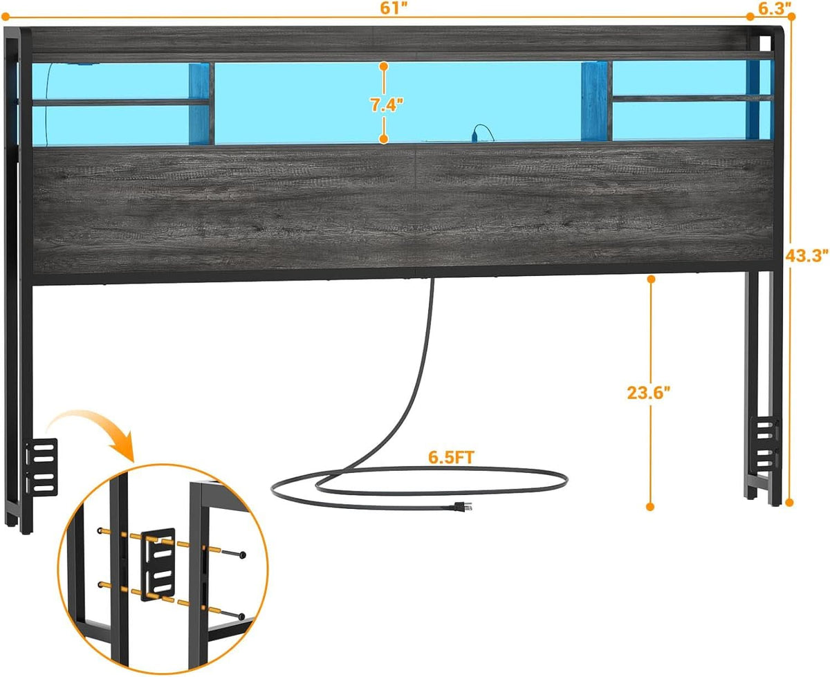 Modern Queen Size Headboard with Storage and USB Ports