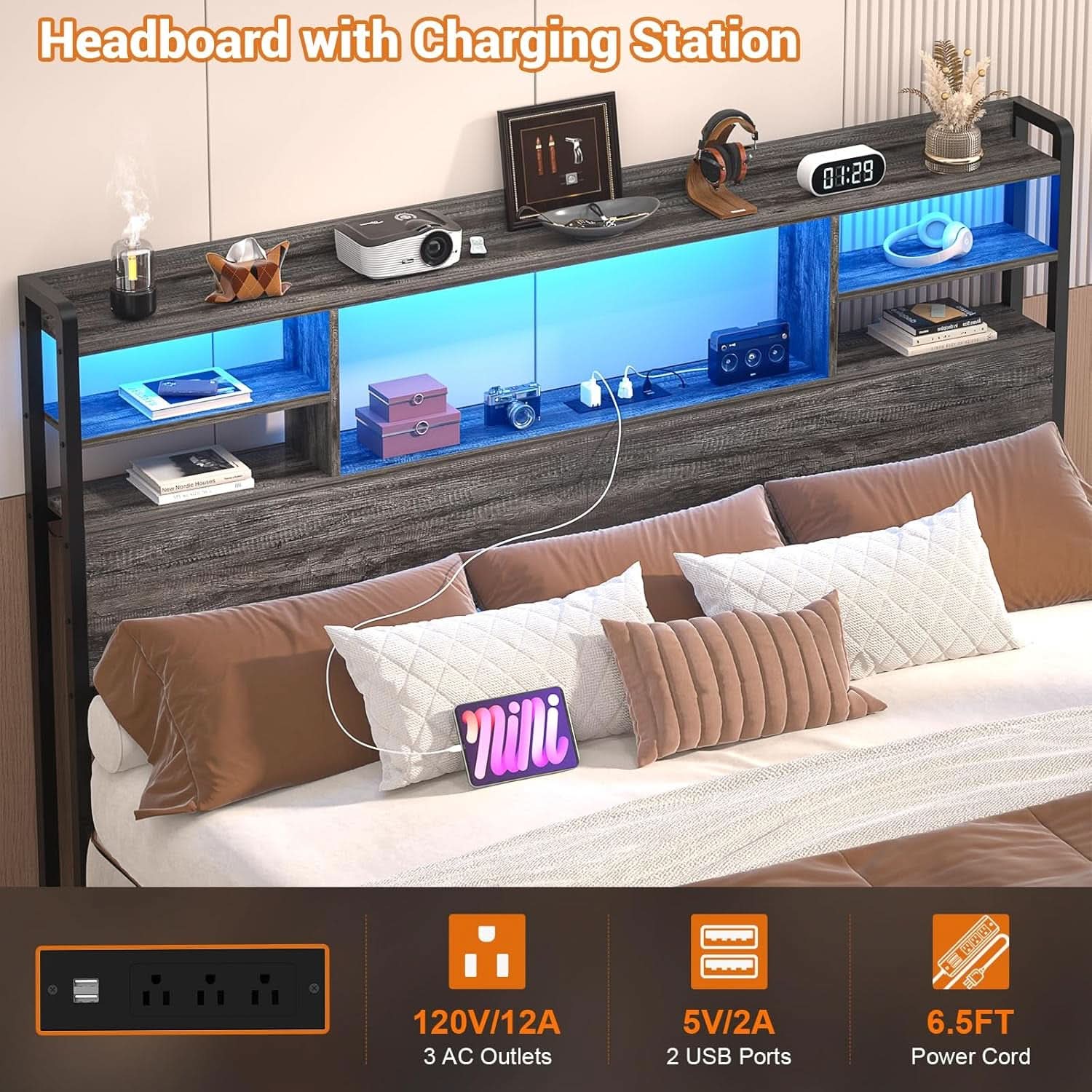 Modern Queen Size Headboard with Storage and USB Ports