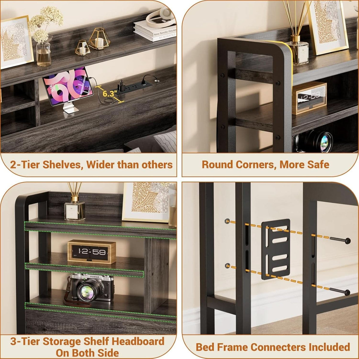 Modern Queen Size Headboard with Storage and USB Ports