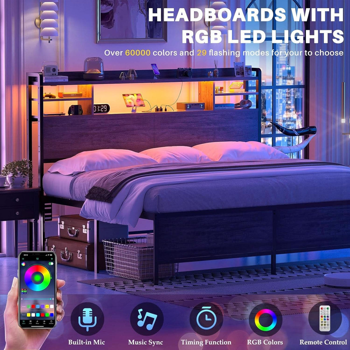 Modern Queen Size Headboard with Storage and USB Ports